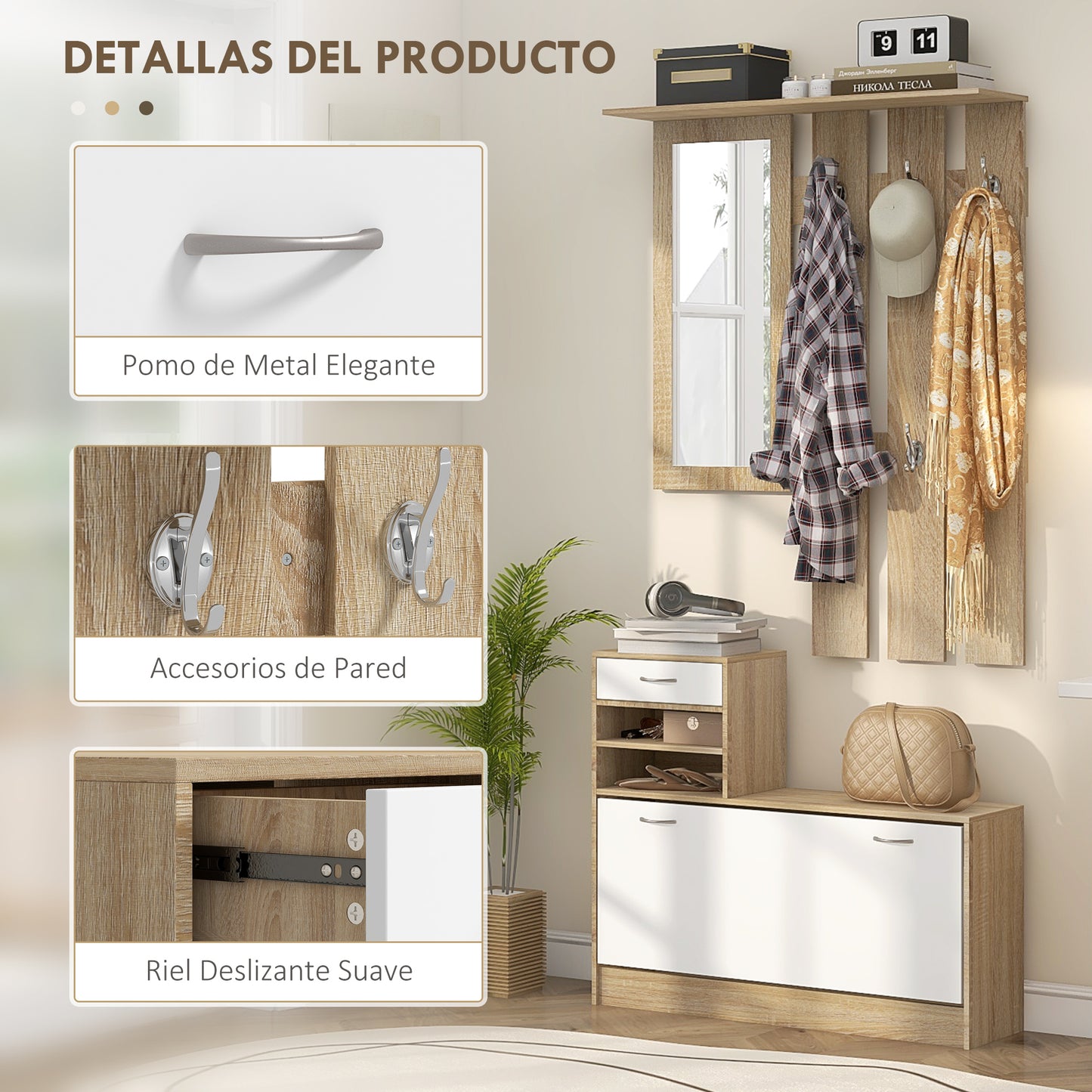 HOMCOM Recibidor de Entrada con Espejo Perchero y Zapatero Mueble de Recibidor de 2 Piezas con 6 Ganchos Estantes y Cajón Abatible para Pasillo Natural