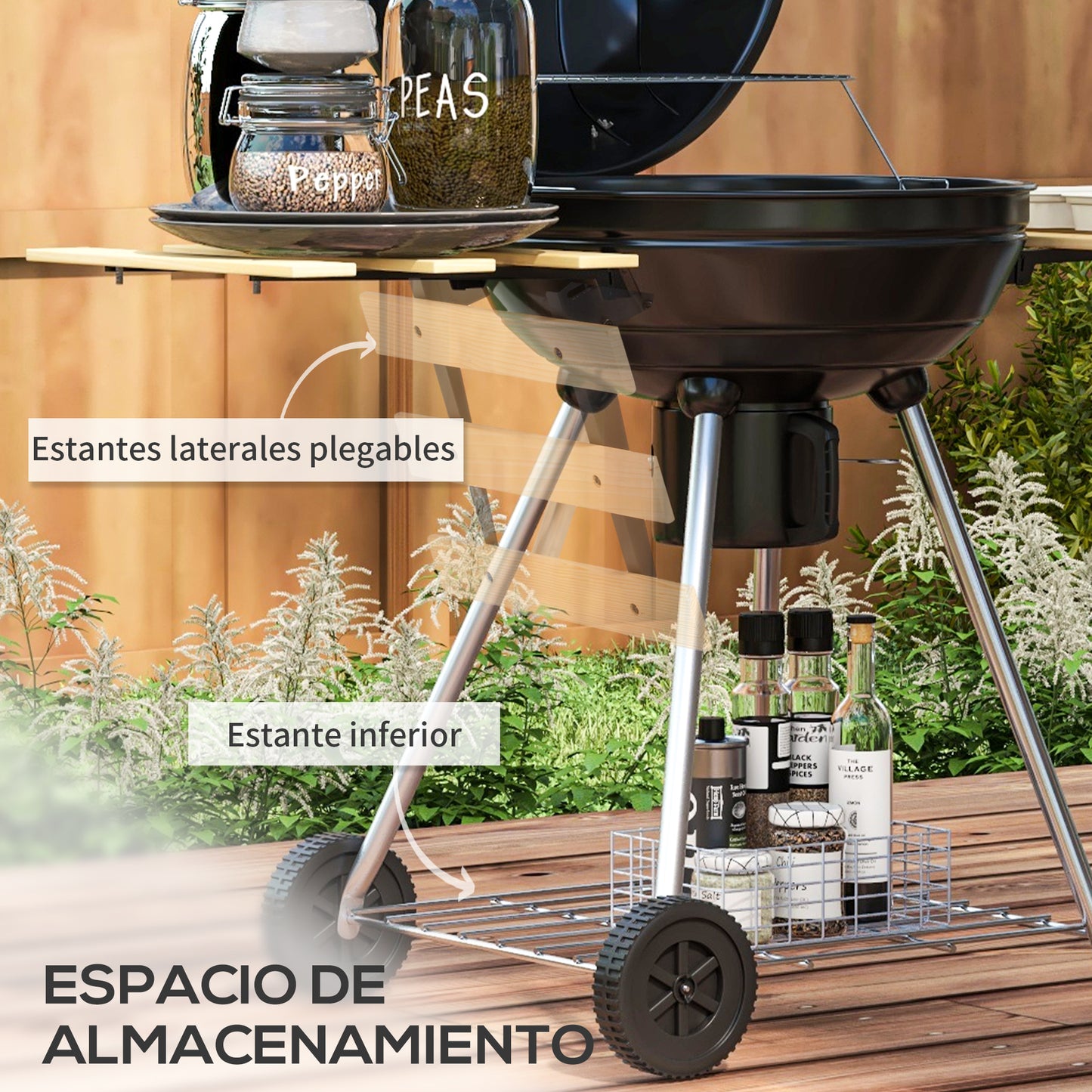 Outsunny Barbacoa de Carbón Barbacoa Portátil con 2 Ruedas Estantes Plegables Termómetro y Parrilla Metálica para Pícnic Camping 117x68x91 cm Negro