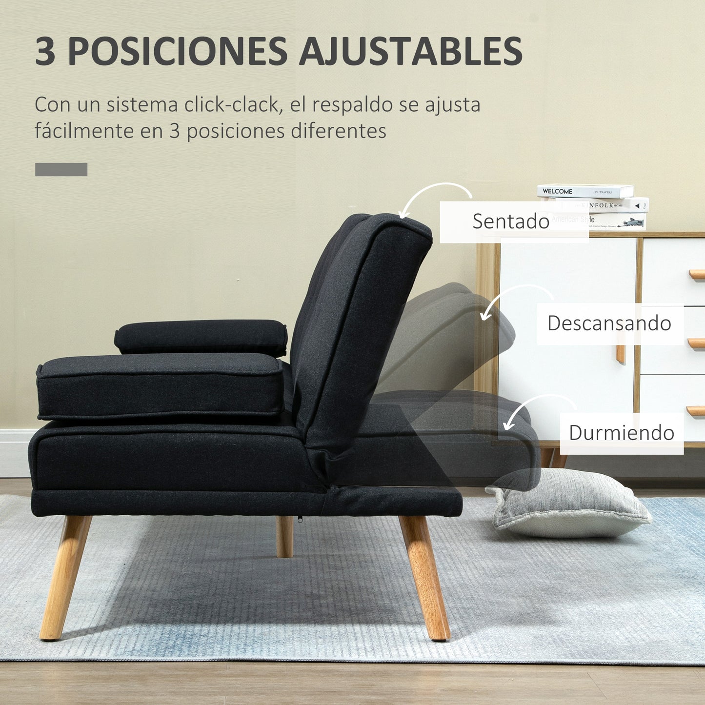 HOMCOM Sofá Cama 3 Plazas Sofá Cama Plegable con Respaldo Ajustable de 3 Niveles Reposabrazos Desmontable y 2 Soportes para Vasos 181x77x78 cm Gris