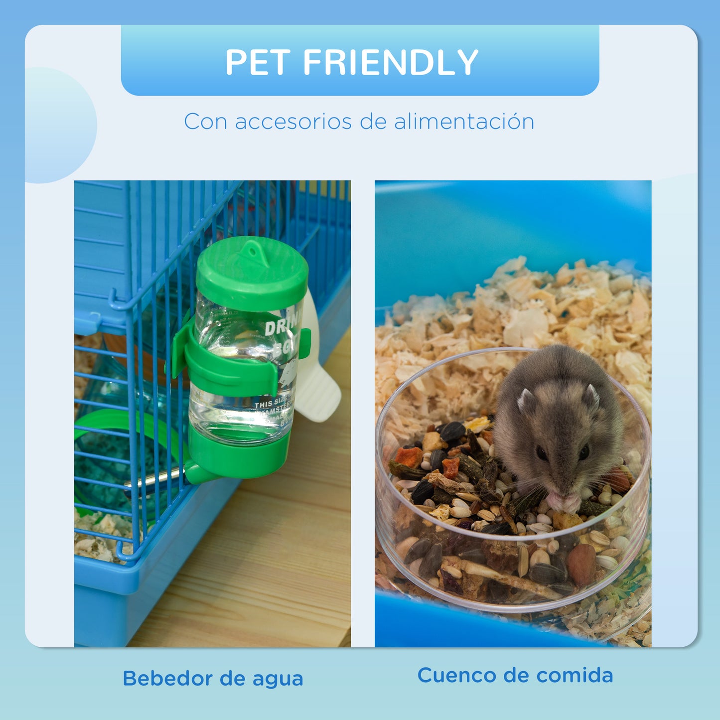 PawHut Jaula para Hámster Hábitat para Animales Pequeños de Múltiples Niveles con 4 Plataformas Cuenco de Comida Bebedero Rueda de Ejercicio Escaleras Sistema de Tubos 47x30x59 cm Azul