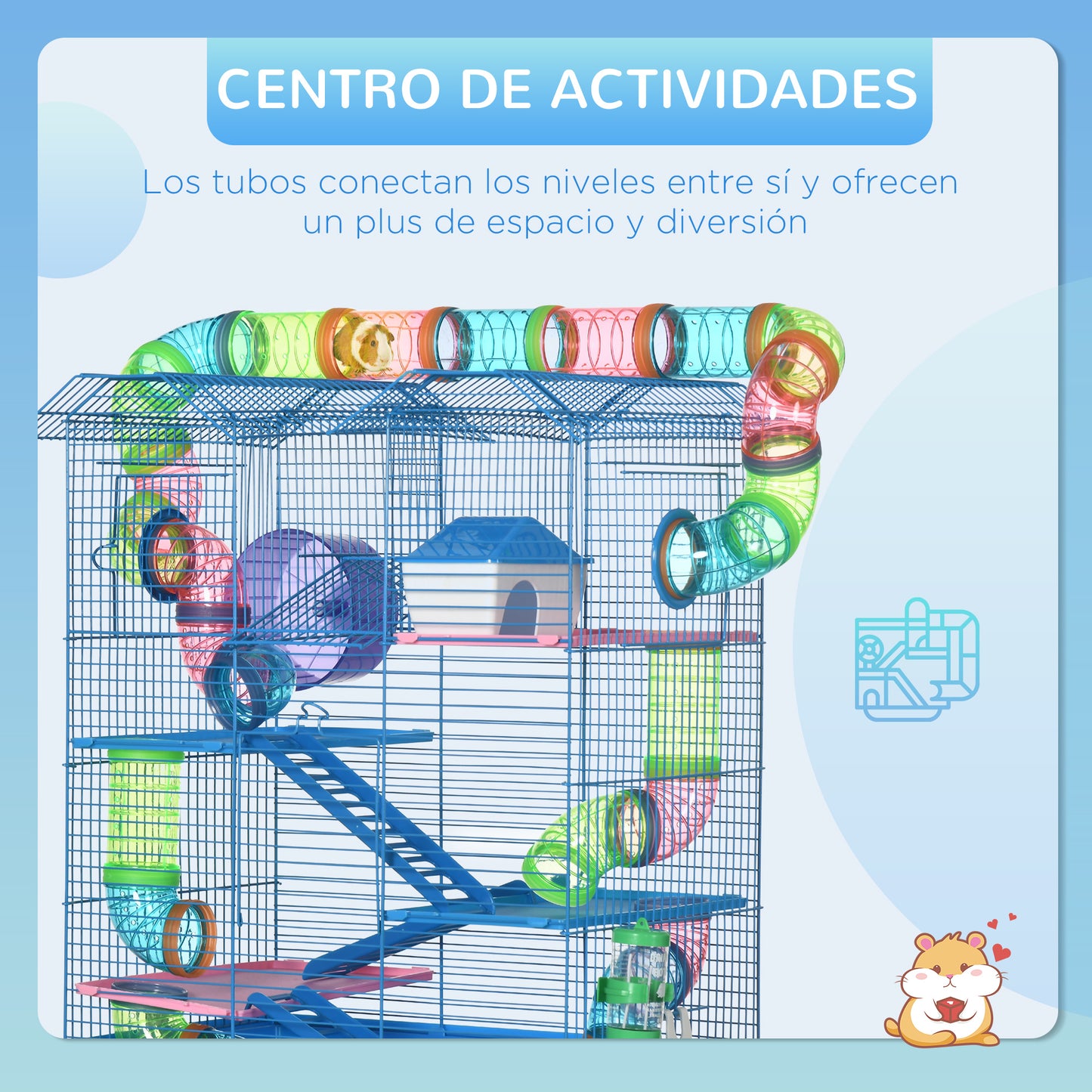 PawHut Jaula para Hámster Hábitat para Animales Pequeños de Múltiples Niveles con 4 Plataformas Cuenco de Comida Bebedero Rueda de Ejercicio Escaleras Sistema de Tubos 47x30x59 cm Azul