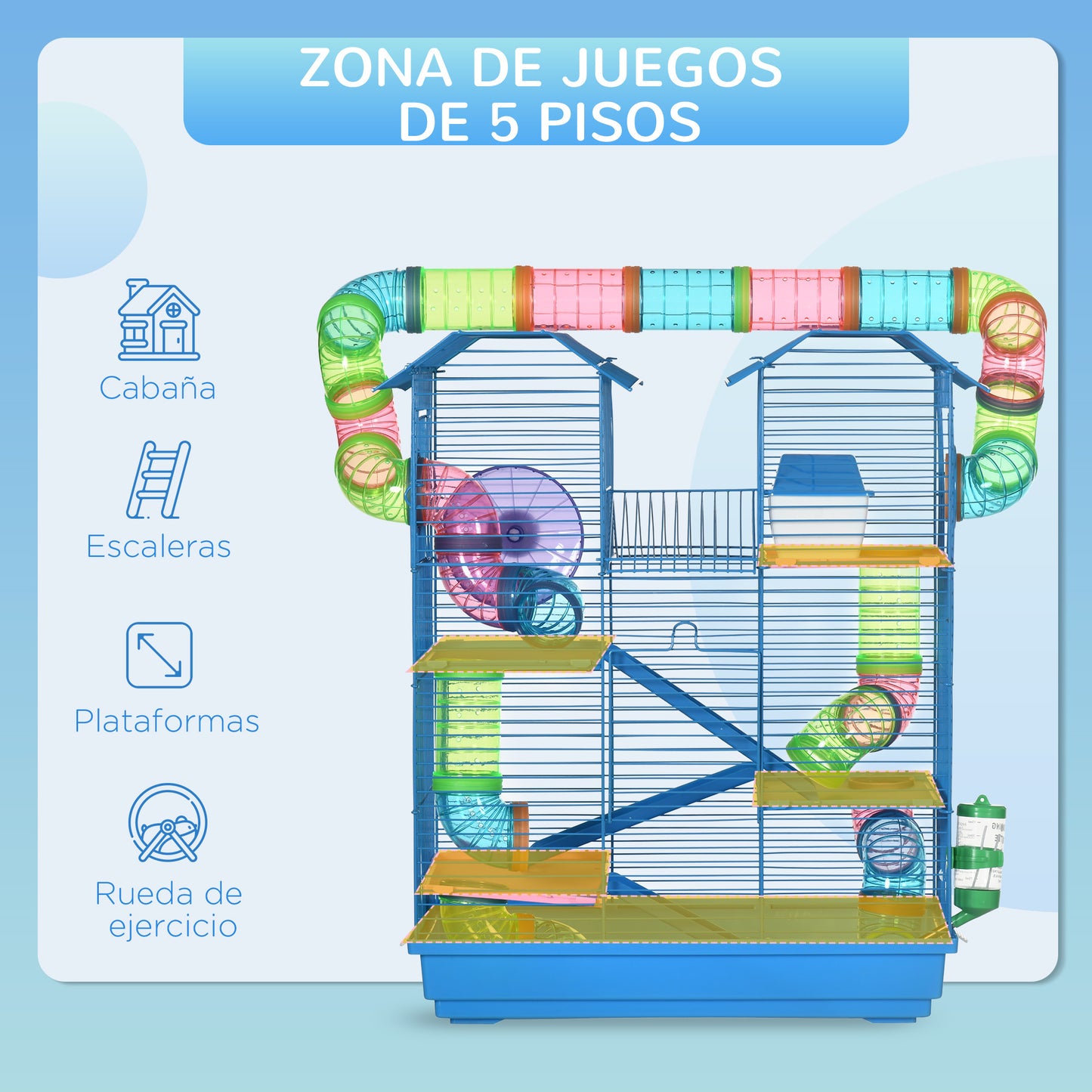 PawHut Jaula para Hámster Hábitat para Animales Pequeños de Múltiples Niveles con 4 Plataformas Cuenco de Comida Bebedero Rueda de Ejercicio Escaleras Sistema de Tubos 47x30x59 cm Azul