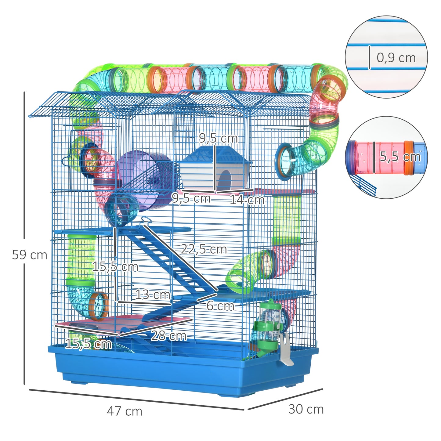 PawHut Jaula para Hámster Hábitat para Animales Pequeños de Múltiples Niveles con 4 Plataformas Cuenco de Comida Bebedero Rueda de Ejercicio Escaleras Sistema de Tubos 47x30x59 cm Azul