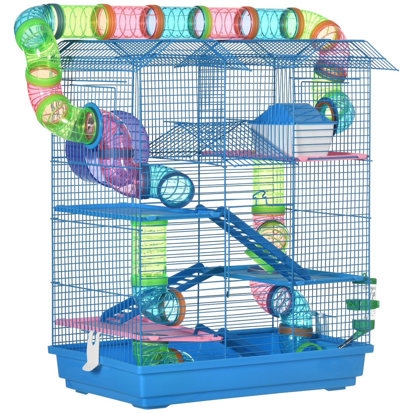 PawHut Jaula para Hámster Hábitat para Animales Pequeños de Múltiples Niveles con 4 Plataformas Cuenco de Comida Bebedero Rueda de Ejercicio Escaleras Sistema de Tubos 47x30x59 cm Azul