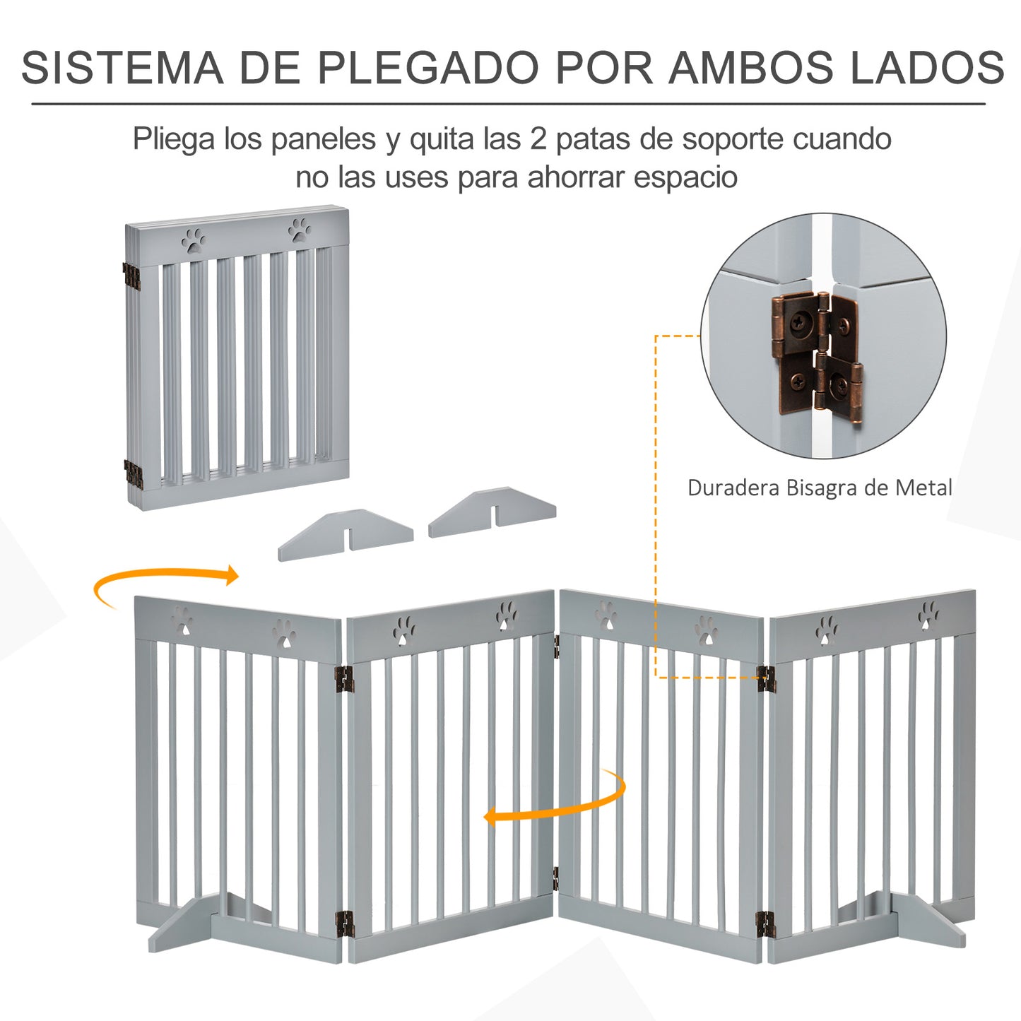 PawHut Barrera para Perros Plegable de 4 Paneles Barrera de Seguridad para Perros con Estructura de Madera y Patas de Apoyo para Pasillo Escalera 204x30x61 cm Gris Claro