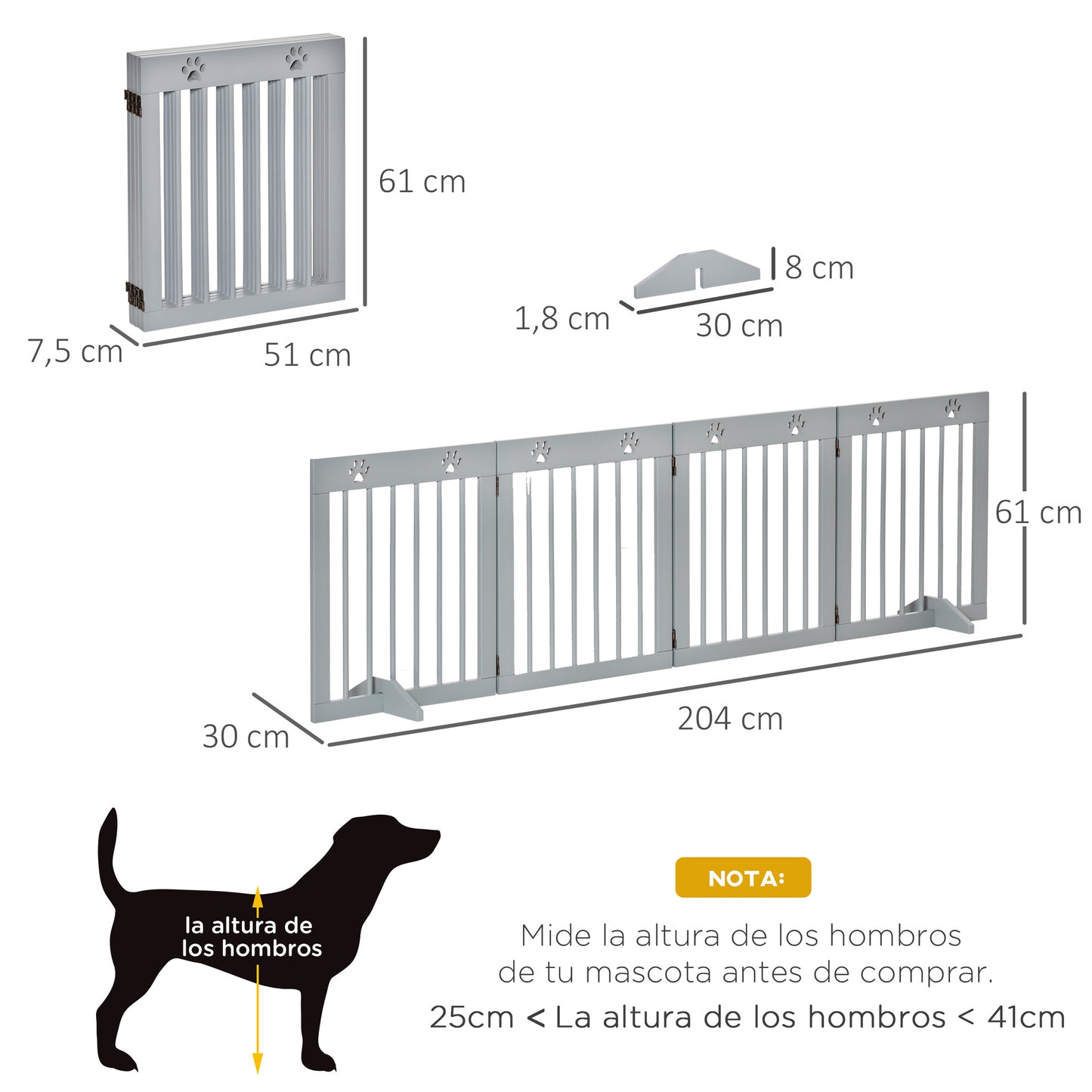 PawHut Barrera para Perros Plegable de 4 Paneles Barrera de Seguridad para Perros con Estructura de Madera y Patas de Apoyo para Pasillo Escalera 204x30x61 cm Gris Claro