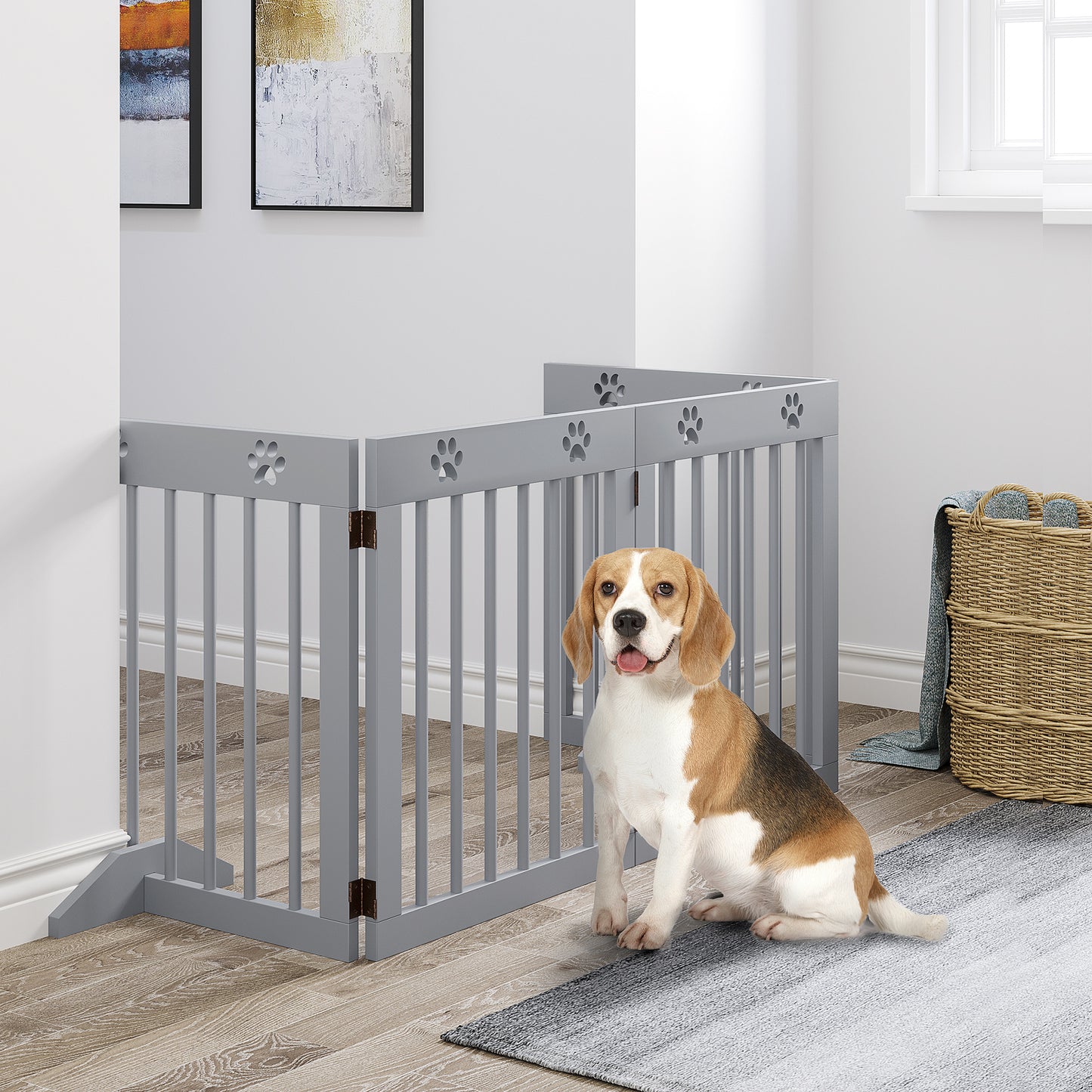 PawHut Barrera para Perros Plegable de 4 Paneles Barrera de Seguridad para Perros con Estructura de Madera y Patas de Apoyo para Pasillo Escalera 204x30x61 cm Gris Claro