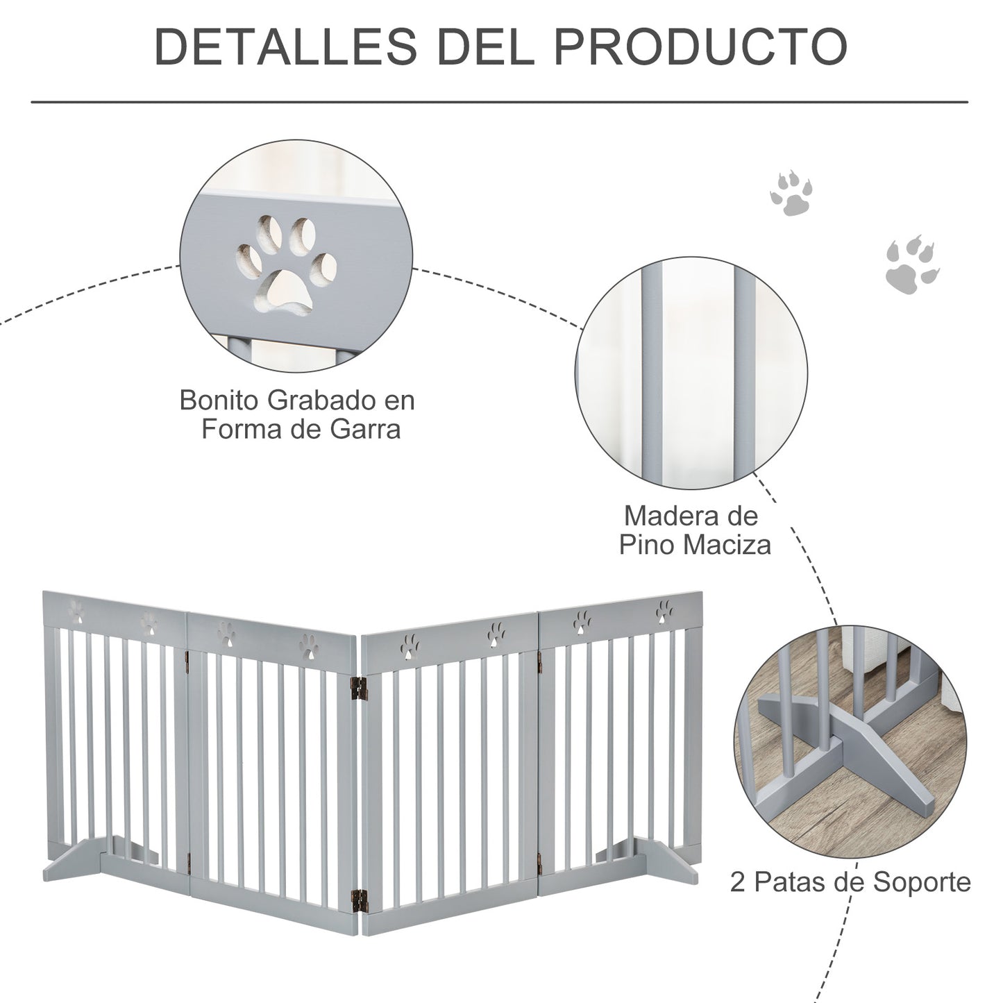 PawHut Barrera para Perros Plegable de 4 Paneles Barrera de Seguridad para Perros con Estructura de Madera y Patas de Apoyo para Pasillo Escalera 204x30x61 cm Gris Claro