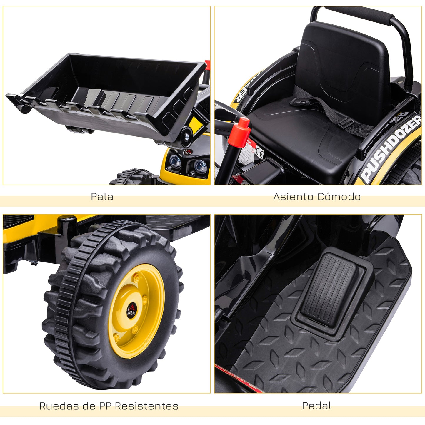 HOMCOM Tractor Excavadora Eléctrico para Niños de +3 Años Vehículo Infantil con Batería 6V Pala Música y Luces Velocidad de 2 Niveles 132x62x65 cm Negro y Amarillo