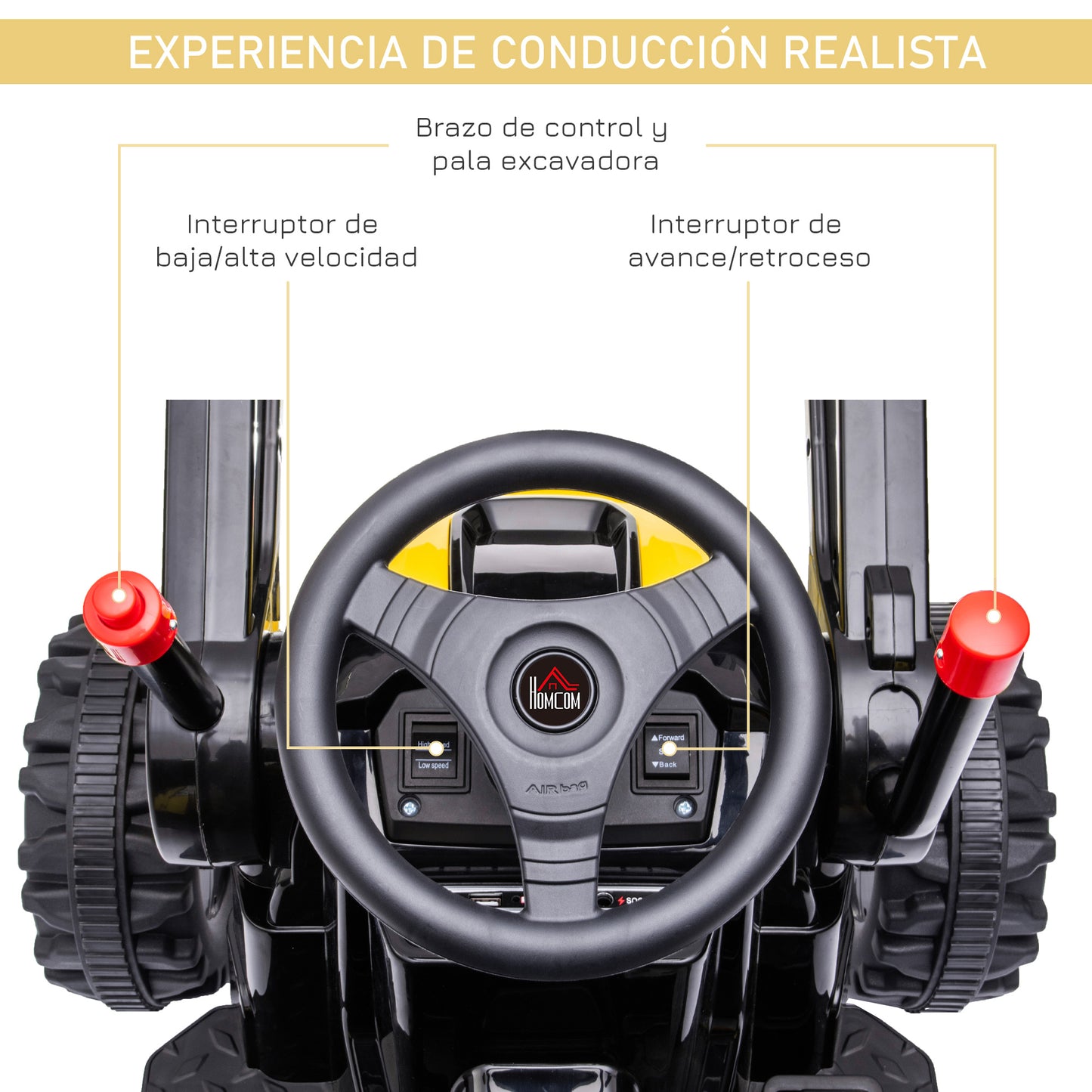 HOMCOM Tractor Excavadora Eléctrico para Niños de +3 Años Vehículo Infantil con Batería 6V Pala Música y Luces Velocidad de 2 Niveles 132x62x65 cm Negro y Amarillo