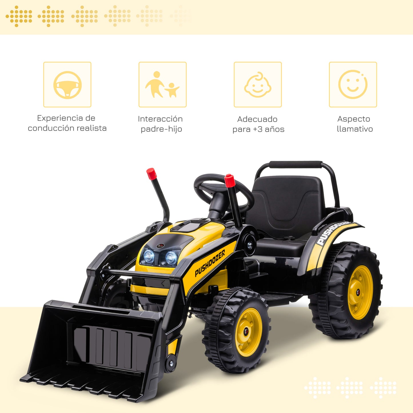 HOMCOM Tractor Excavadora Eléctrico para Niños de +3 Años Vehículo Infantil con Batería 6V Pala Música y Luces Velocidad de 2 Niveles 132x62x65 cm Negro y Amarillo