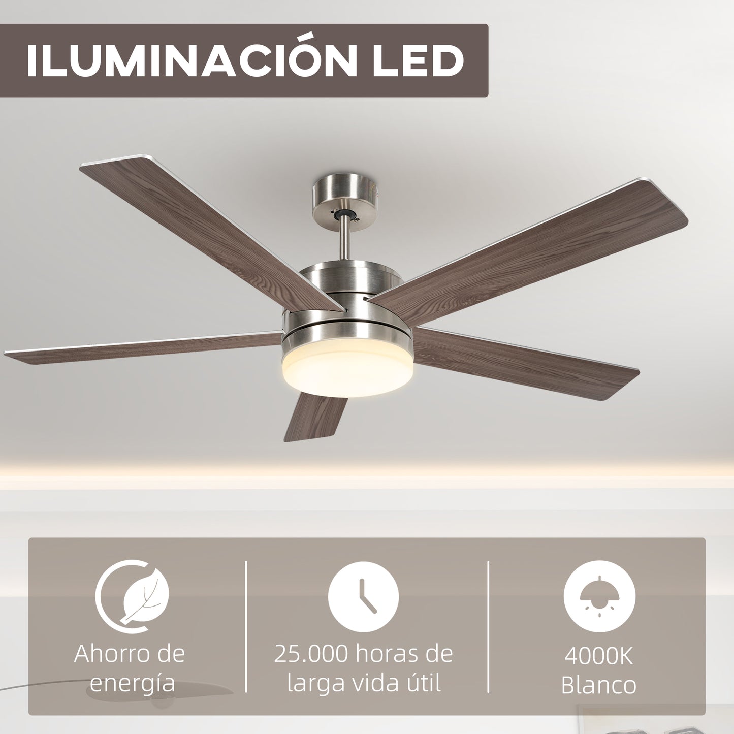 HOMCOM Ventilador de Techo con Luz LED 46W Ventilador de Techo Silencioso Ø132 cm con Motor Reversible 5 Aspas Reversibles Control Remoto 6 Velocidades para Dormitorio Efecto 15~20 m² Haya