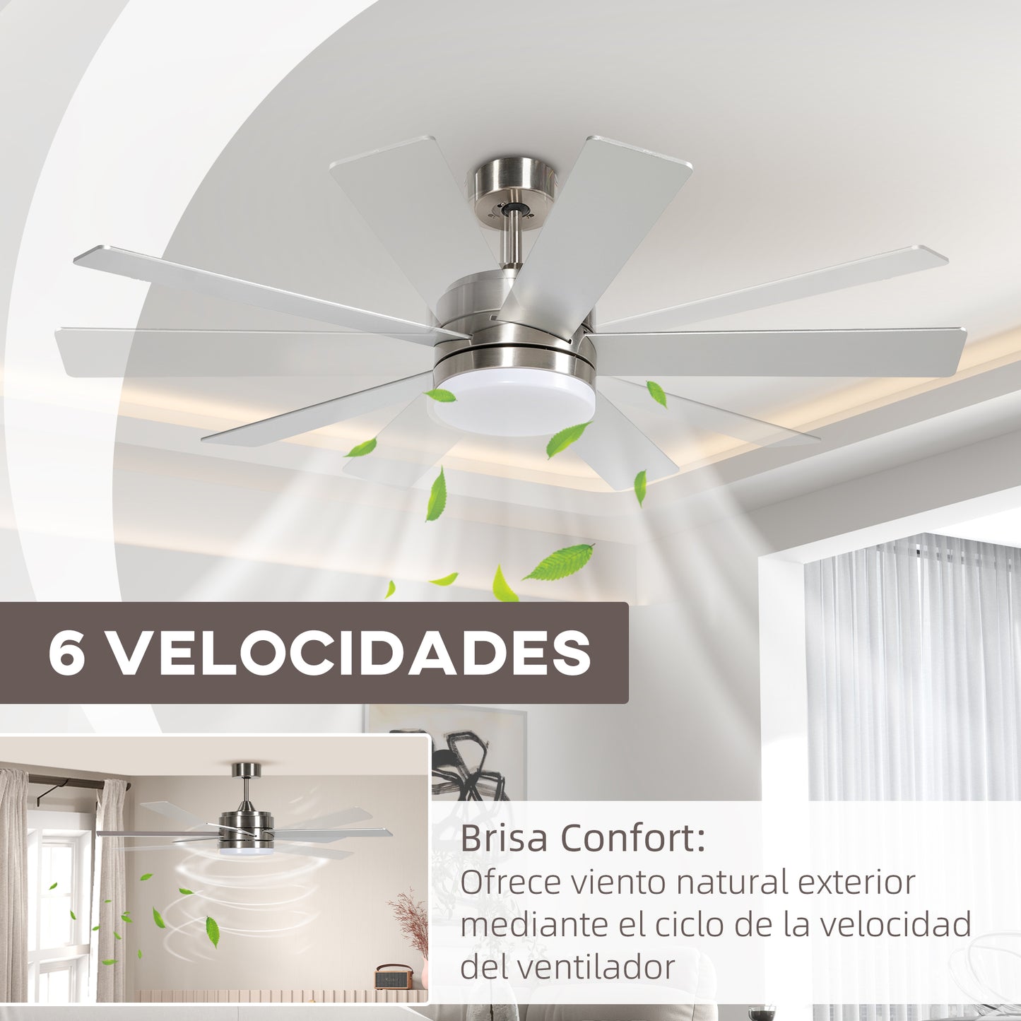 HOMCOM Ventilador de Techo con Luz LED 46W Ventilador de Techo Silencioso Ø132 cm con Motor Reversible 5 Aspas Reversibles Control Remoto 6 Velocidades para Dormitorio Efecto 15~20 m² Haya