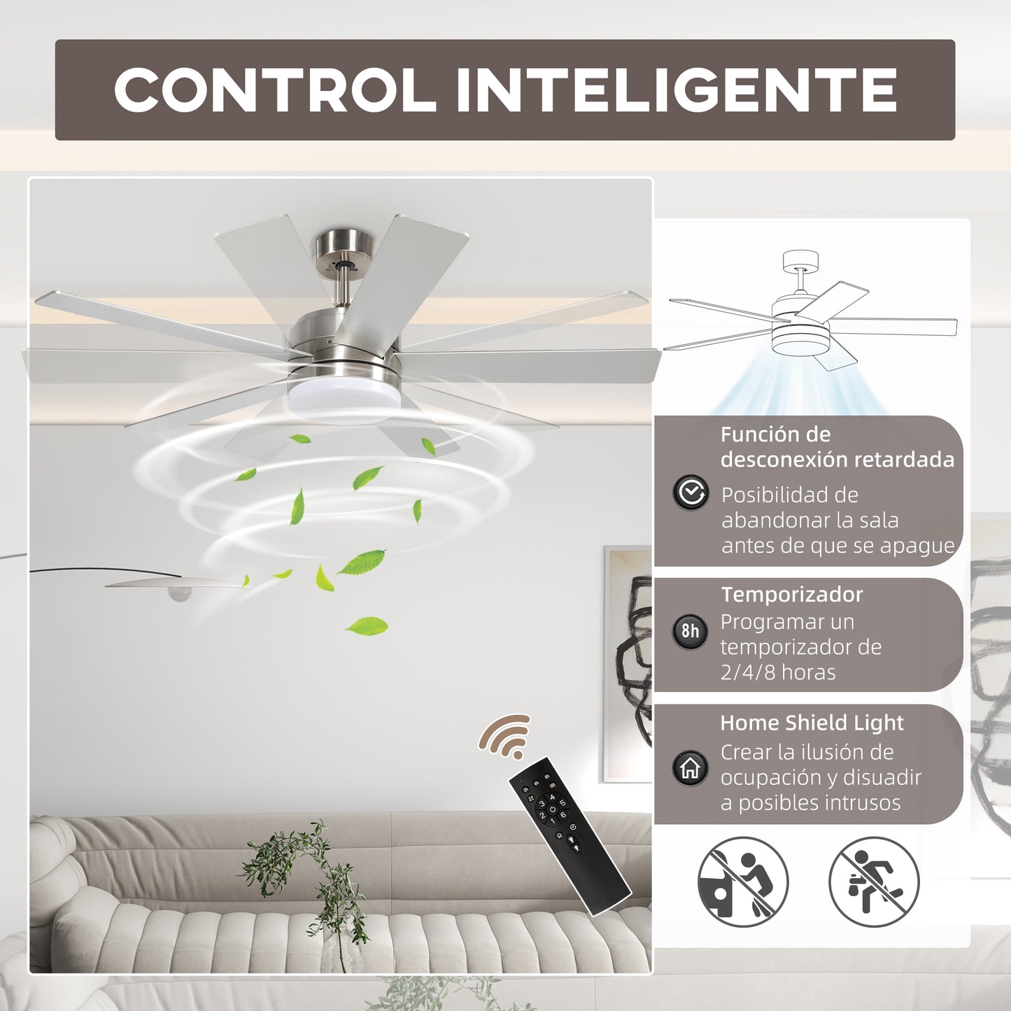 HOMCOM Ventilador de Techo con Luz LED 46W Ventilador de Techo Silencioso Ø132 cm con Motor Reversible 5 Aspas Reversibles Control Remoto 6 Velocidades para Dormitorio Efecto 15~20 m² Haya