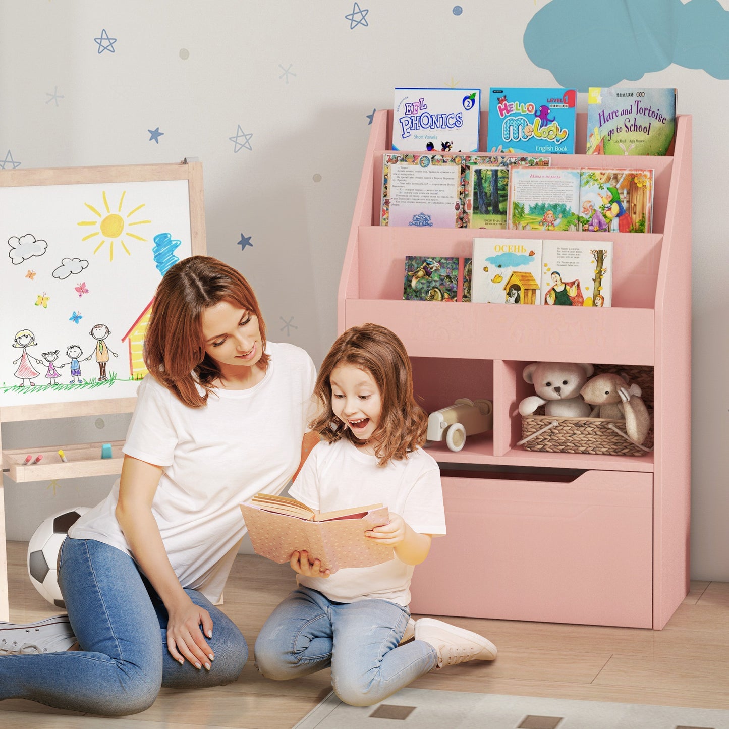 HOMCOM Estantería Infantil de Madera con 3 Compartimentos 2 Cubos y Cajón Móvil con 4 Ruedas Librería Infantil para Habitación de Niños Sala de Juegos 60x29,9x90 cm Rosa