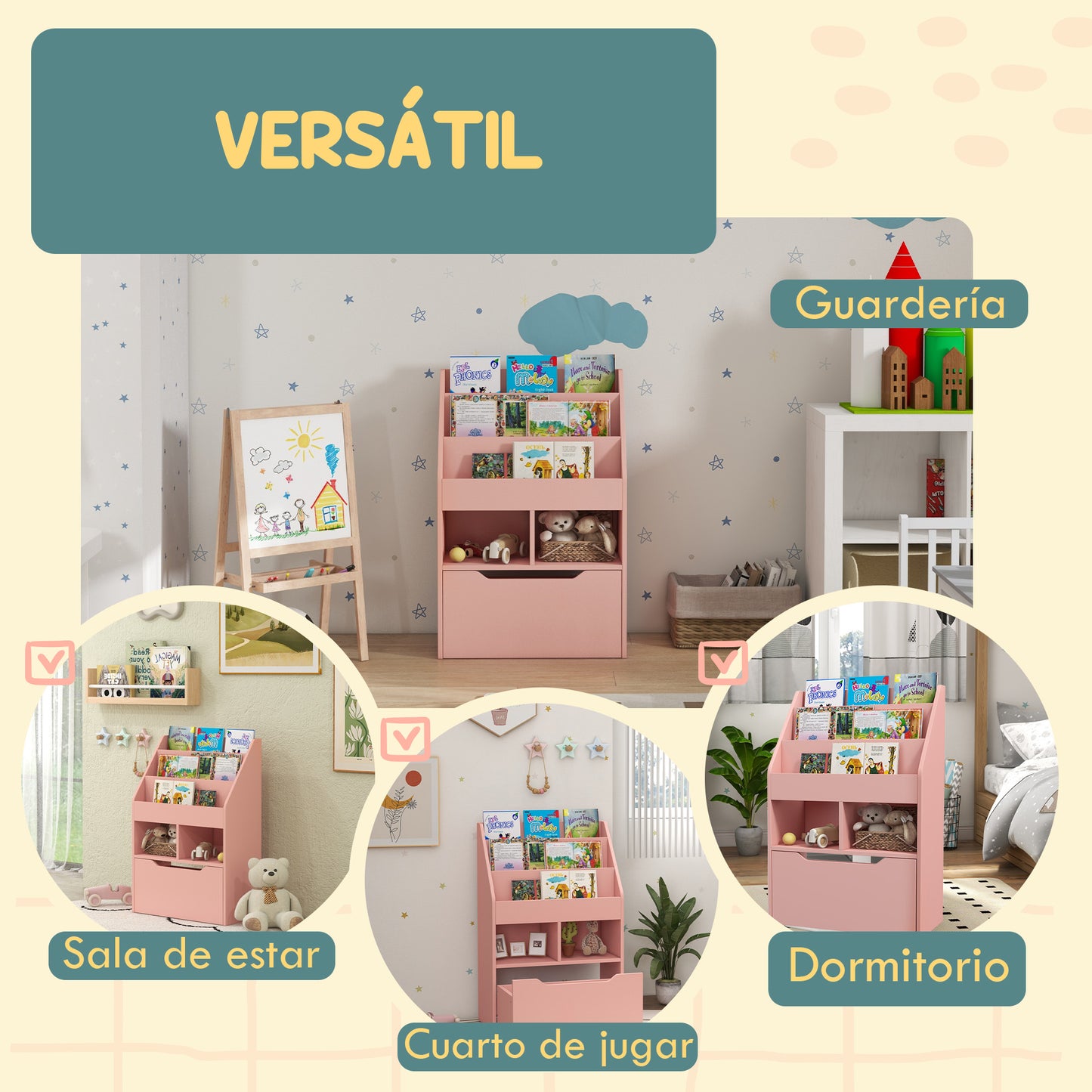 HOMCOM Estantería Infantil de Madera con 3 Compartimentos 2 Cubos y Cajón Móvil con 4 Ruedas Librería Infantil para Habitación de Niños Sala de Juegos 60x29,9x90 cm Rosa