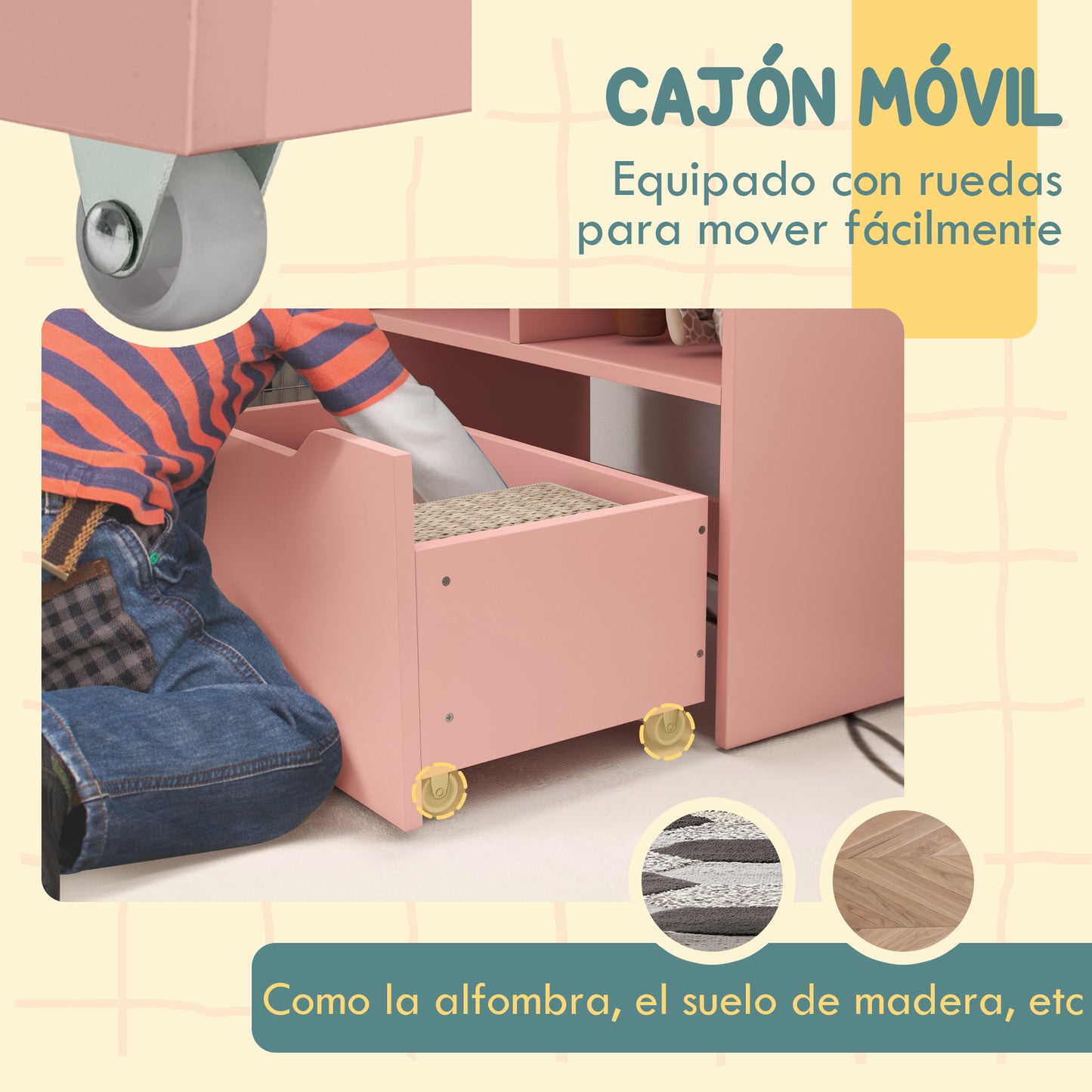 HOMCOM Estantería Infantil de Madera con 3 Compartimentos 2 Cubos y Cajón Móvil con 4 Ruedas Librería Infantil para Habitación de Niños Sala de Juegos 60x29,9x90 cm Rosa