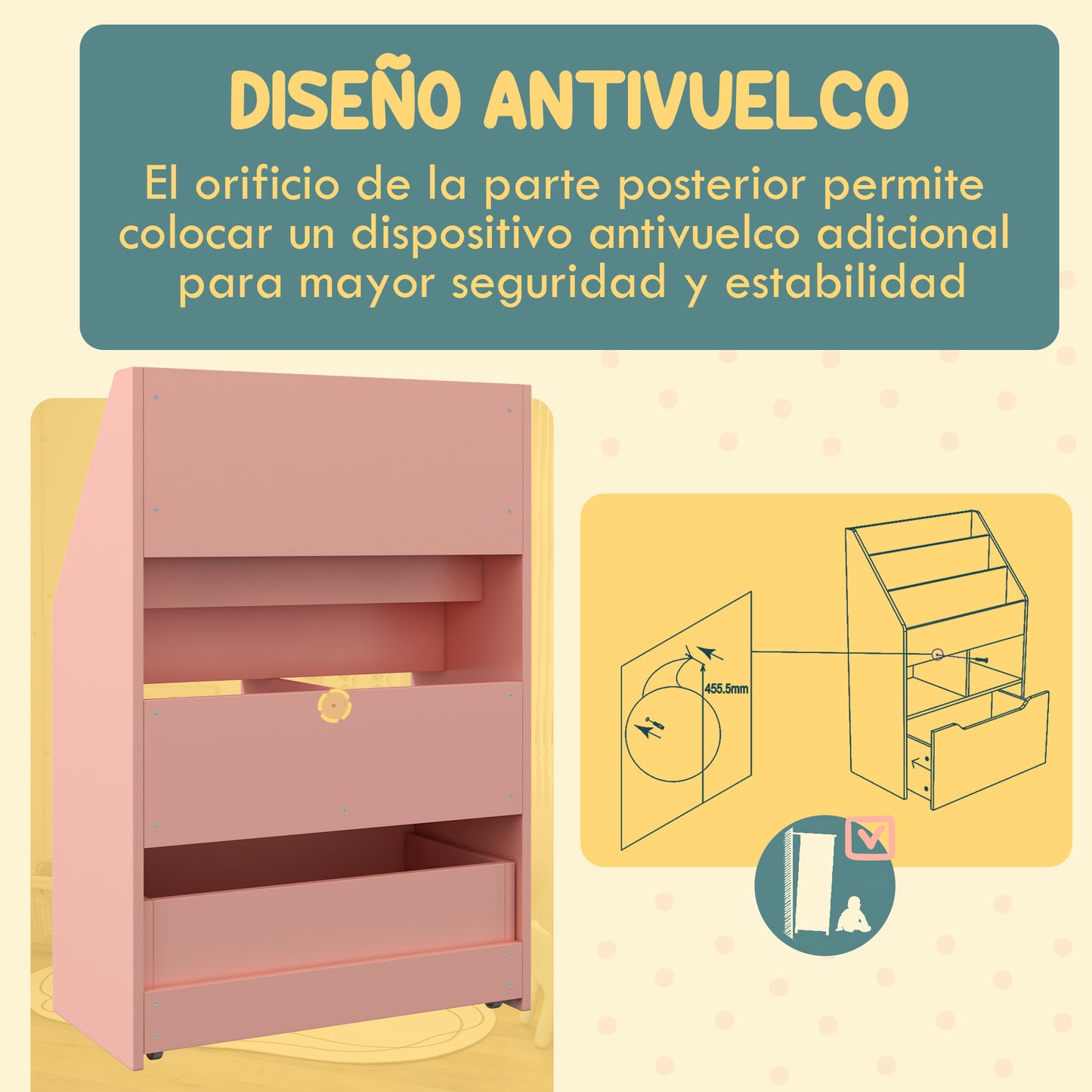 HOMCOM Estantería Infantil de Madera con 3 Compartimentos 2 Cubos y Cajón Móvil con 4 Ruedas Librería Infantil para Habitación de Niños Sala de Juegos 60x29,9x90 cm Rosa