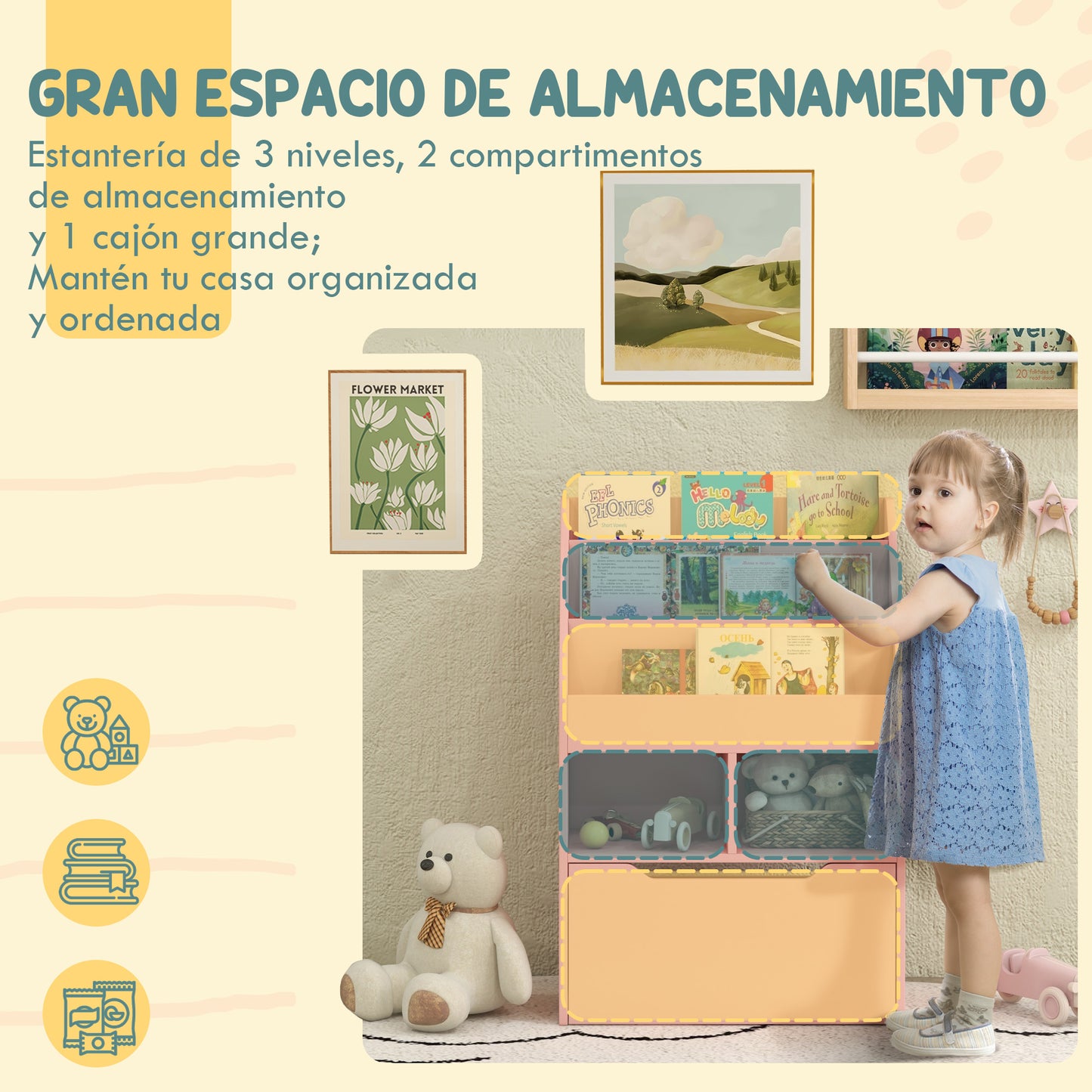 HOMCOM Estantería Infantil de Madera con 3 Compartimentos 2 Cubos y Cajón Móvil con 4 Ruedas Librería Infantil para Habitación de Niños Sala de Juegos 60x29,9x90 cm Rosa