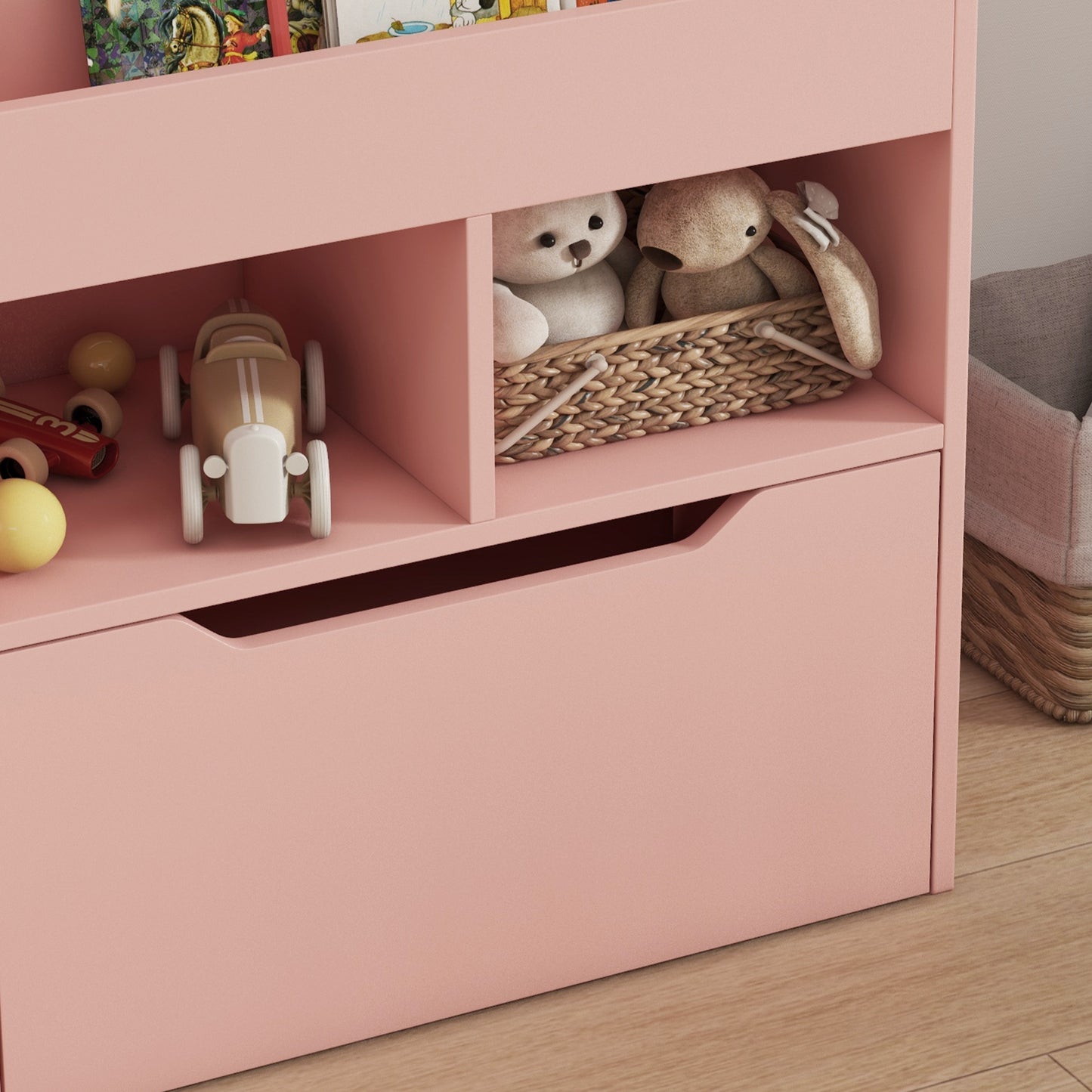 HOMCOM Estantería Infantil de Madera con 3 Compartimentos 2 Cubos y Cajón Móvil con 4 Ruedas Librería Infantil para Habitación de Niños Sala de Juegos 60x29,9x90 cm Rosa