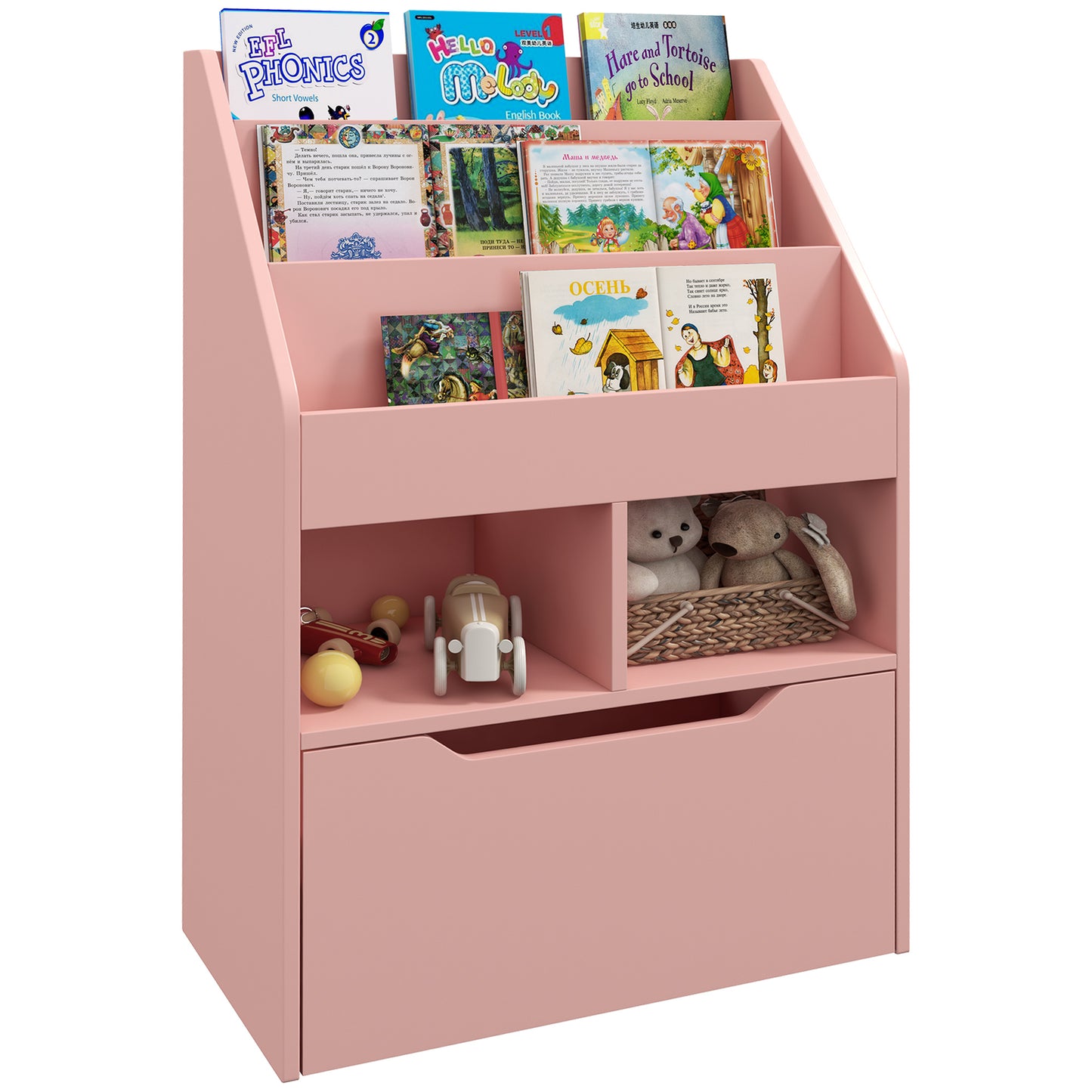 HOMCOM Estantería Infantil de Madera con 3 Compartimentos 2 Cubos y Cajón Móvil con 4 Ruedas Librería Infantil para Habitación de Niños Sala de Juegos 60x29,9x90 cm Rosa