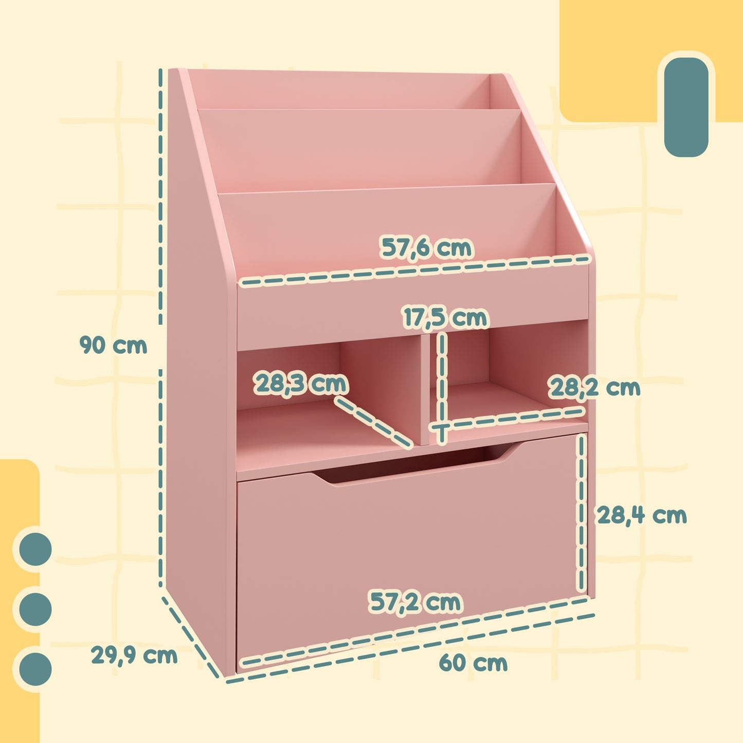 HOMCOM Estantería Infantil de Madera con 3 Compartimentos 2 Cubos y Cajón Móvil con 4 Ruedas Librería Infantil para Habitación de Niños Sala de Juegos 60x29,9x90 cm Rosa