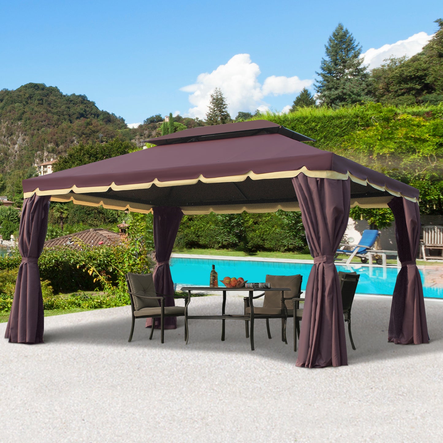 Outsunny Cenador de Jardín 4x3 m Gazebo de Aluminio con Techo de Ventilación 4 Cortinas Laterales 4 Mosquiteras y 8 Orificios de Drenaje para Fiestas Eventos Exterior Café