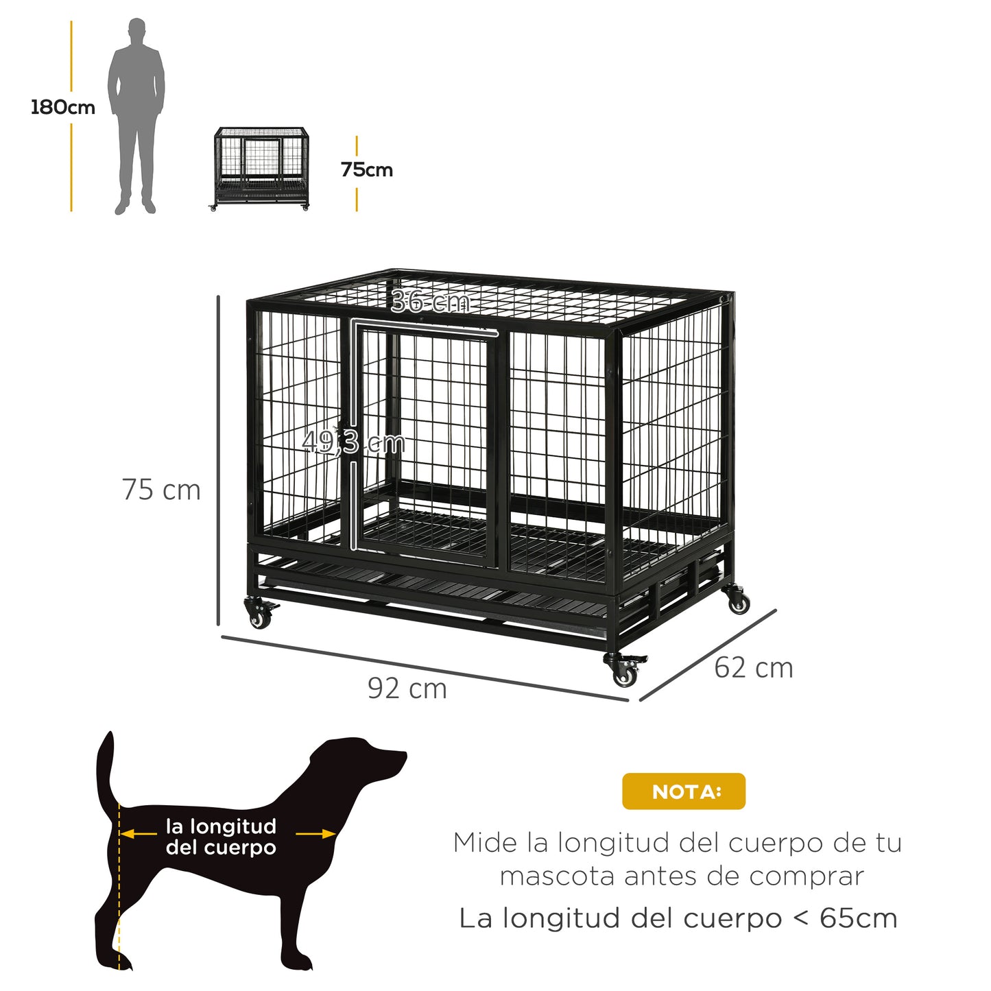 PawHut Jaula de Metal para Perros con Ruedas y Frenos Bandeja Extraíble y Puerta con Pestillo para Golden Retriver Labrador 92x62x75 cm Negro