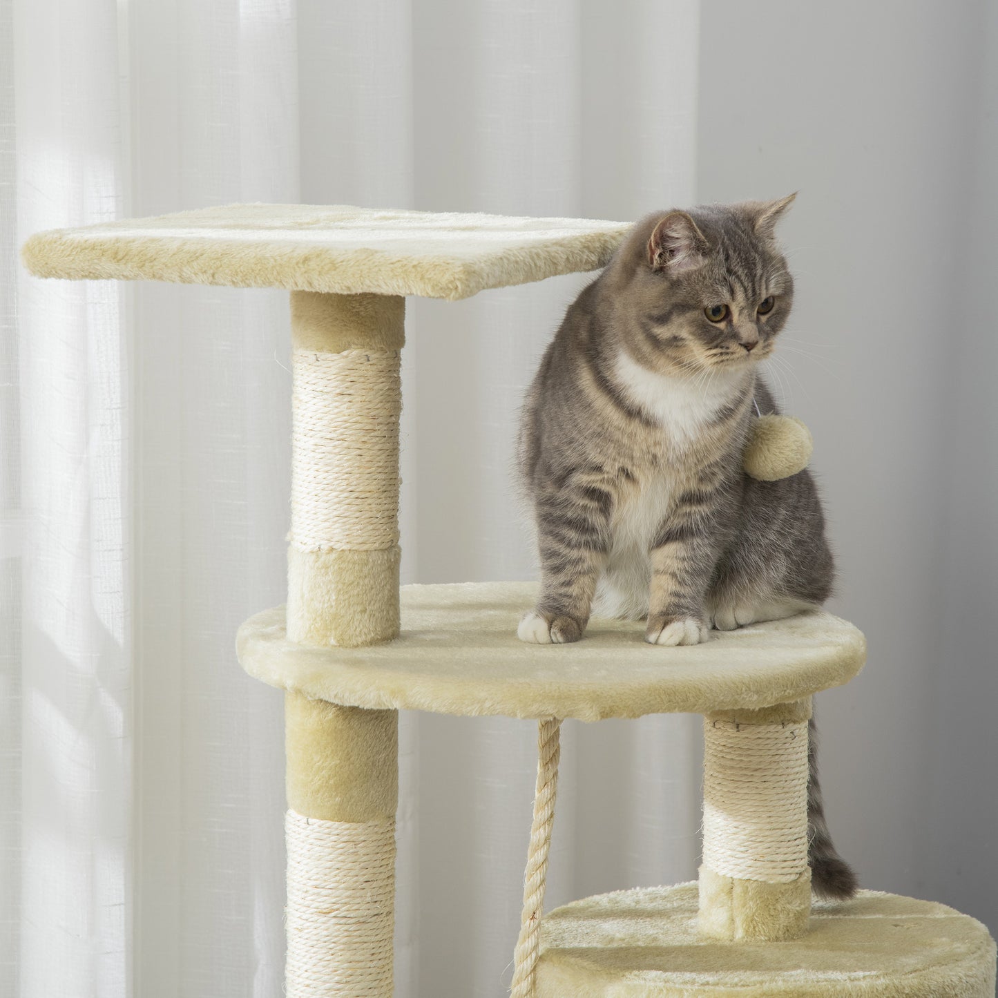 PawHut Árbol para Gatos Rascador 116 cm de 4 Pisos con Poste para Arañar Cueva Espaciosa Múltiples Plataformas Juguetes Divertidos 40x40x116 cm Beige