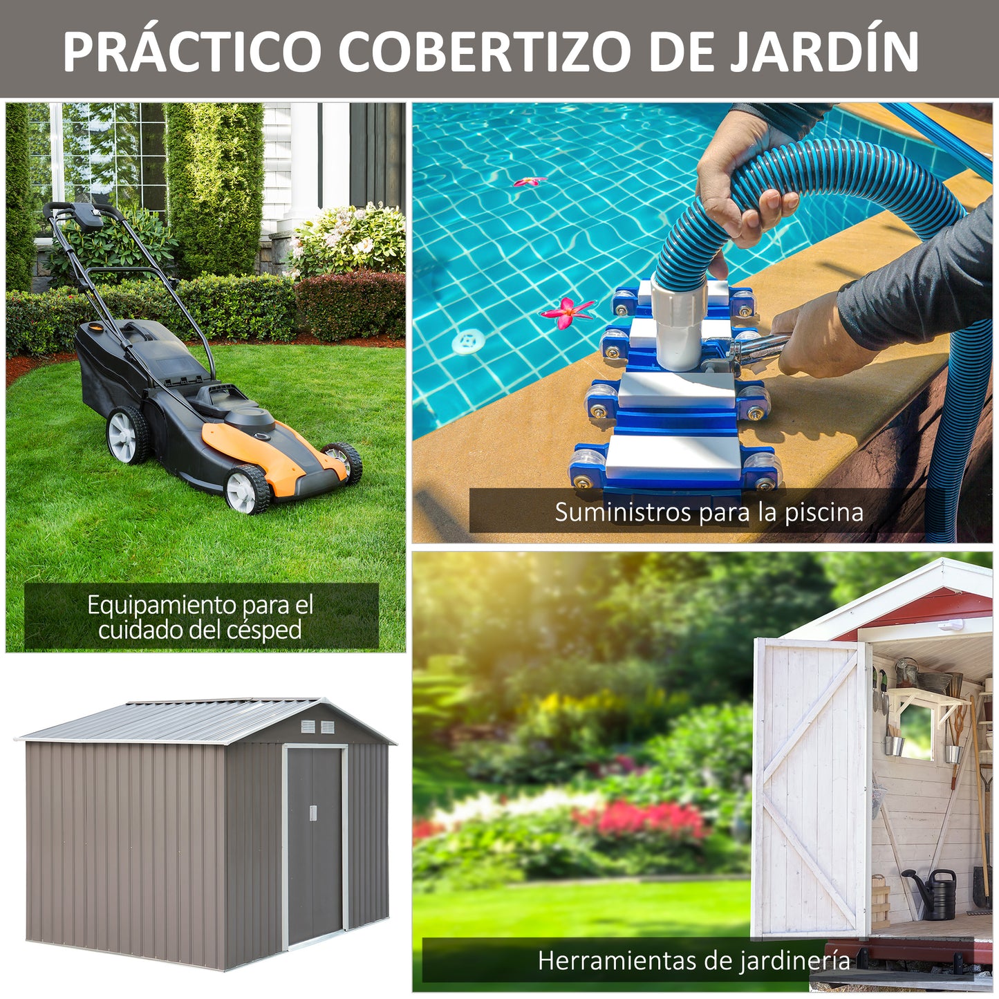 Outsunny Caseta de Jardín de Exterior Cobertizo de Jardín 4,9 m² 277x195x192 cm con 2 Puertas Corredizas Base Refuerzo (Suelo NO Incluido) para Patio Terraza Gris