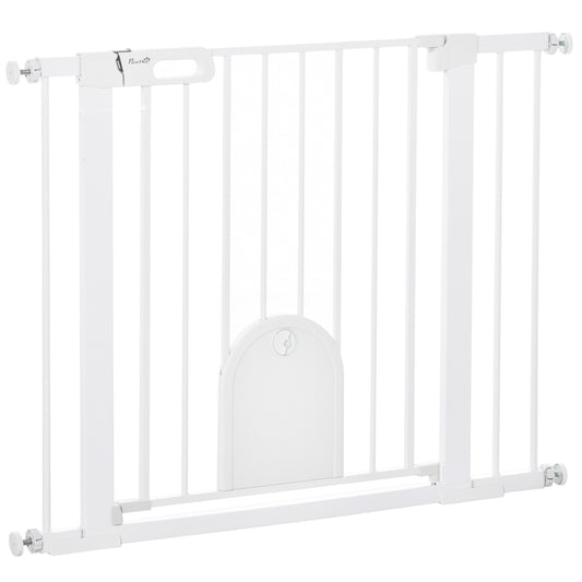 PawHut Barrera de Seguridad para Perros Mascotas 75-103 cm para Escaleras y Puertas con 2 Extensiones Cierre Automático y Sistema de Doble Bloqueo Blanco