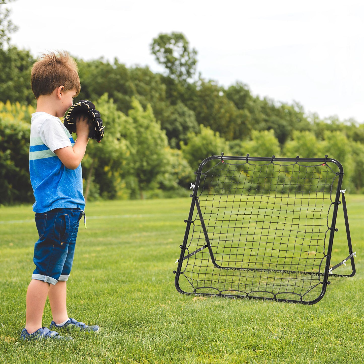 HOMCOM Red de Béisbol Red de Rebote Reboteador de Metal con Ángulo Ajustable y 20 Cuerdas Elásticas para Entrenamiento de Fútbol Tenis Deportes 96x80x96 cm Negro