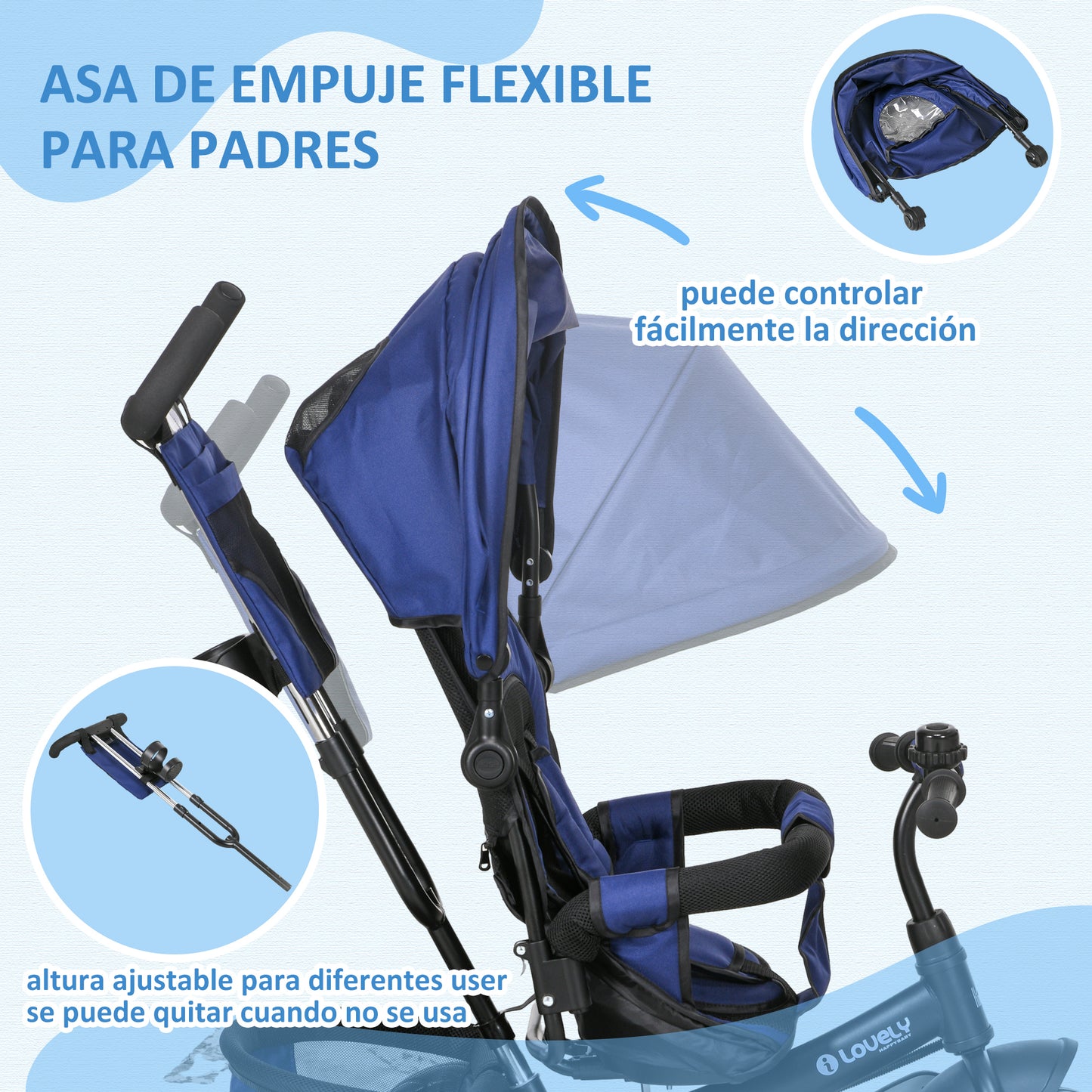 HOMCOM Triciclo para Bebés Triciclo Evolutivo para Niños con Toldo Plegable Mango de Empuje Telescópico y Desmontable Bolso para Mamá y Portabotellas 102x49x102 cm Azul Oscuro