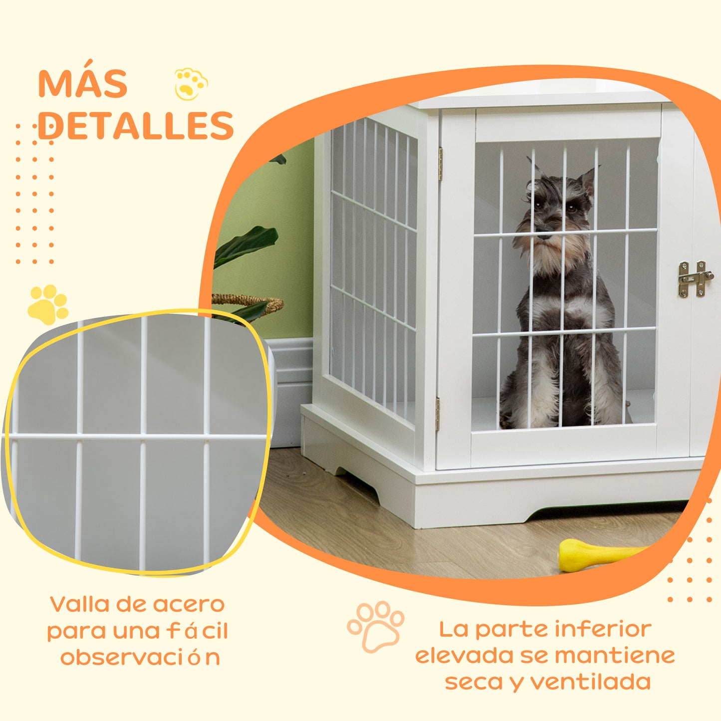 PawHut Conjunto para Mascotas Juego de Jaula para Perros de Madera con 2 Puertas y Comedero Elevado para Perros con 2 Cuencos Extraíbles de Acero 76x54,5x56 cm 44x24x15 cm Blanco