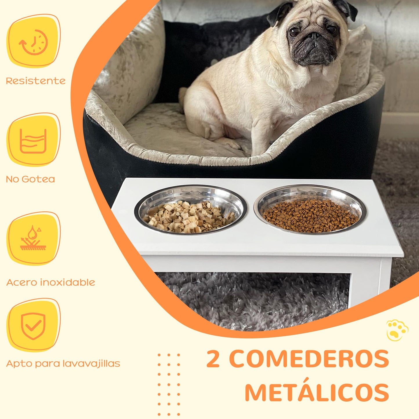 PawHut Conjunto para Mascotas Juego de Jaula para Perros de Madera con 2 Puertas y Comedero Elevado para Perros con 2 Cuencos Extraíbles de Acero 76x54,5x56 cm 44x24x15 cm Blanco