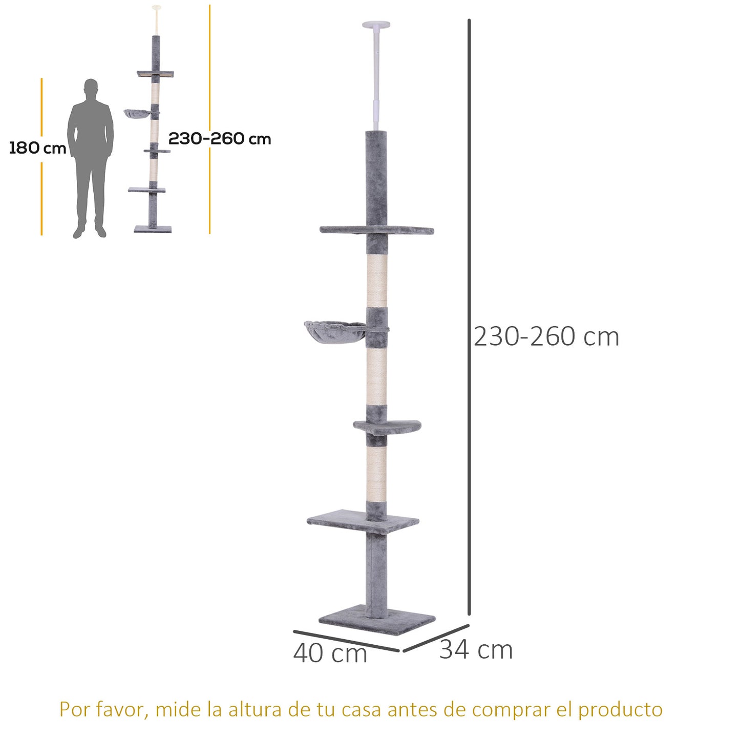 PawHut Árbol para Gatos de Suelo al Techo de 230-260 cm Torre para Gatos con Altura Ajustable Plataformas Hamaca y Postes de Sisal Gris