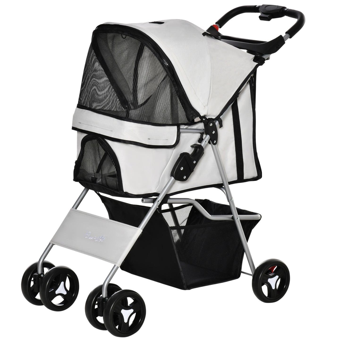 PawHut Carrito para Perros Plegable Cochecito para Mascotas Carrito para Perros Pequeños con Toldo Ajustable Cesta de Almacenaje 2 Ruedas Universales y Marco de Acero 75x46x94 cm Gris