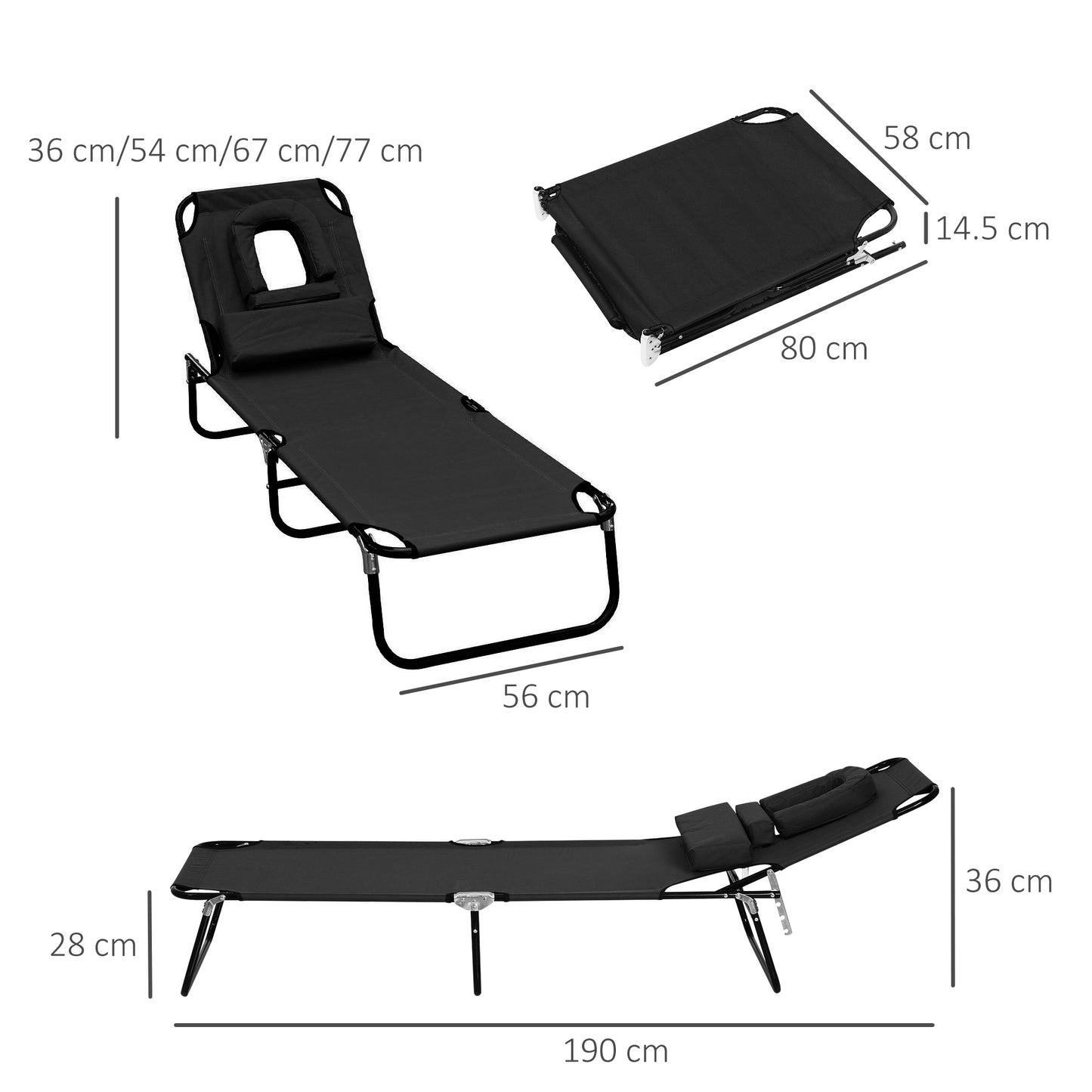 Outsunny Tumbona Plegable Tumbona de Jardín con Respaldo Ajustable en 4 Niveles Almohada Orificio de Lectura y Marco de Acero para Camping Playa Terraza 190x56x28 cm Negro