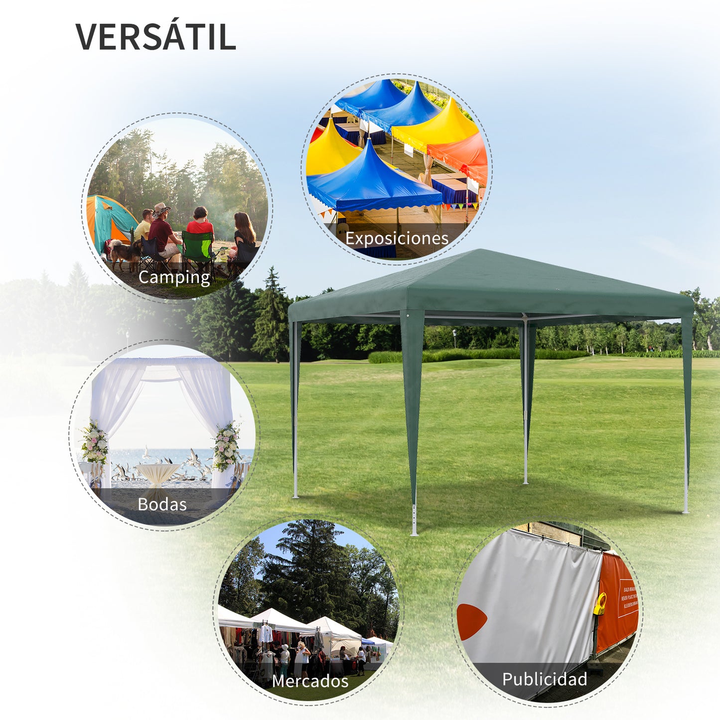 Outsunny Carpa Desmontable 3x3 m Cenador Pabellón de Jardín con 4 Orificios de Drenaje y Marco de Acero Anti-UV Gazebo para Terraza Patio Exterior Camping Verde