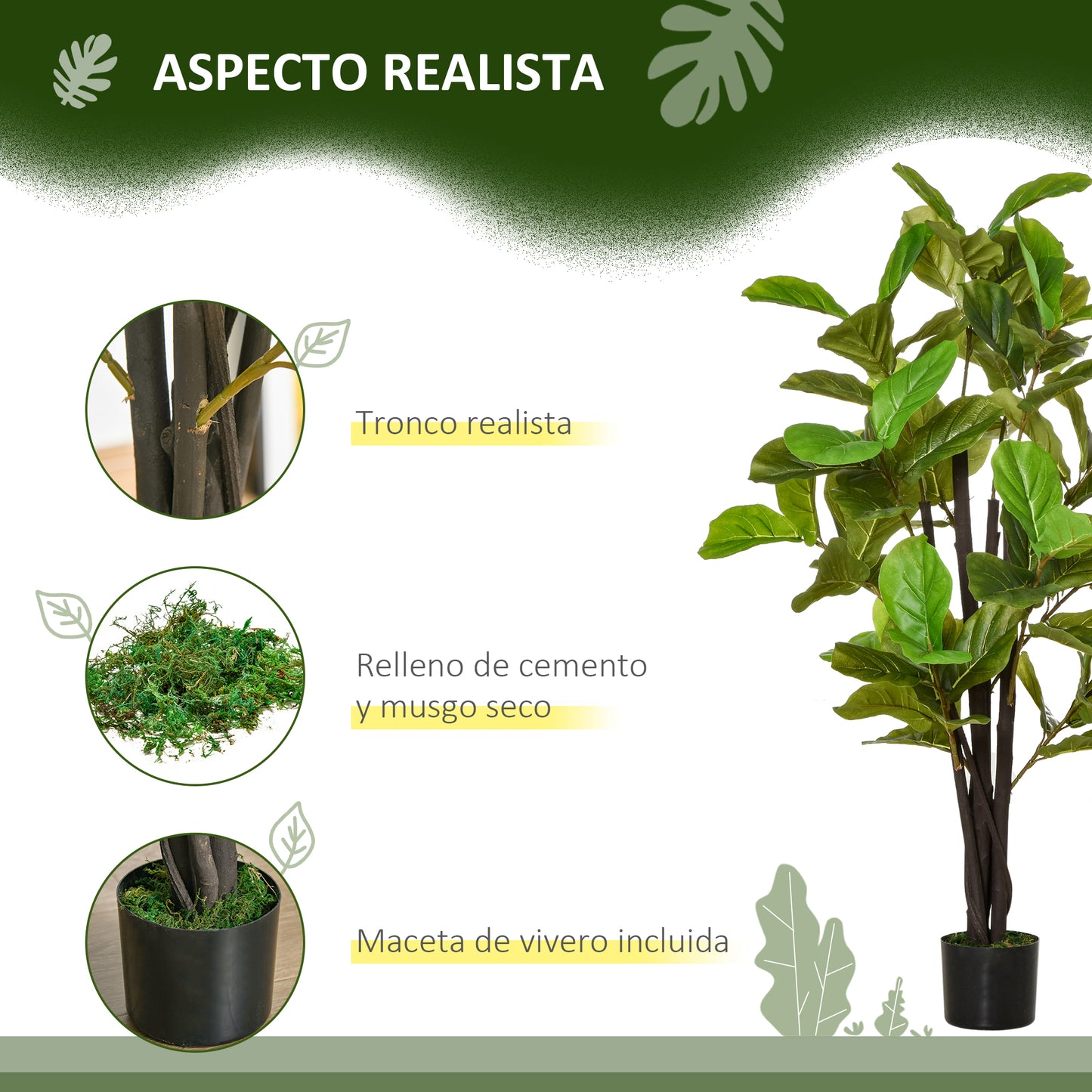 HOMCOM Ficus Artificiales 130 cm Plantas Artificiales con Maceta Plantas Artificiales Decorativas para Interior y Exterior Hogar Salón Oficina Verde