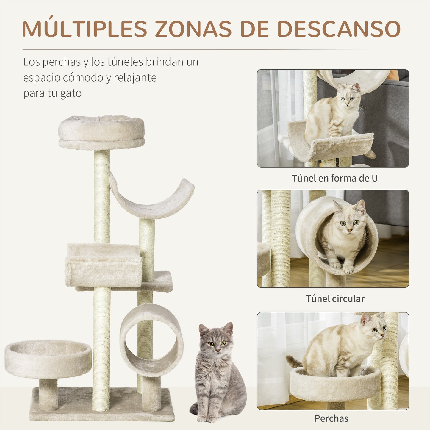 PawHut Árbol para Gatos 50x40x105 cm Árbol Rascador Grande Centro de Actividad Plataformas Tubo de Juego Sisal Natural