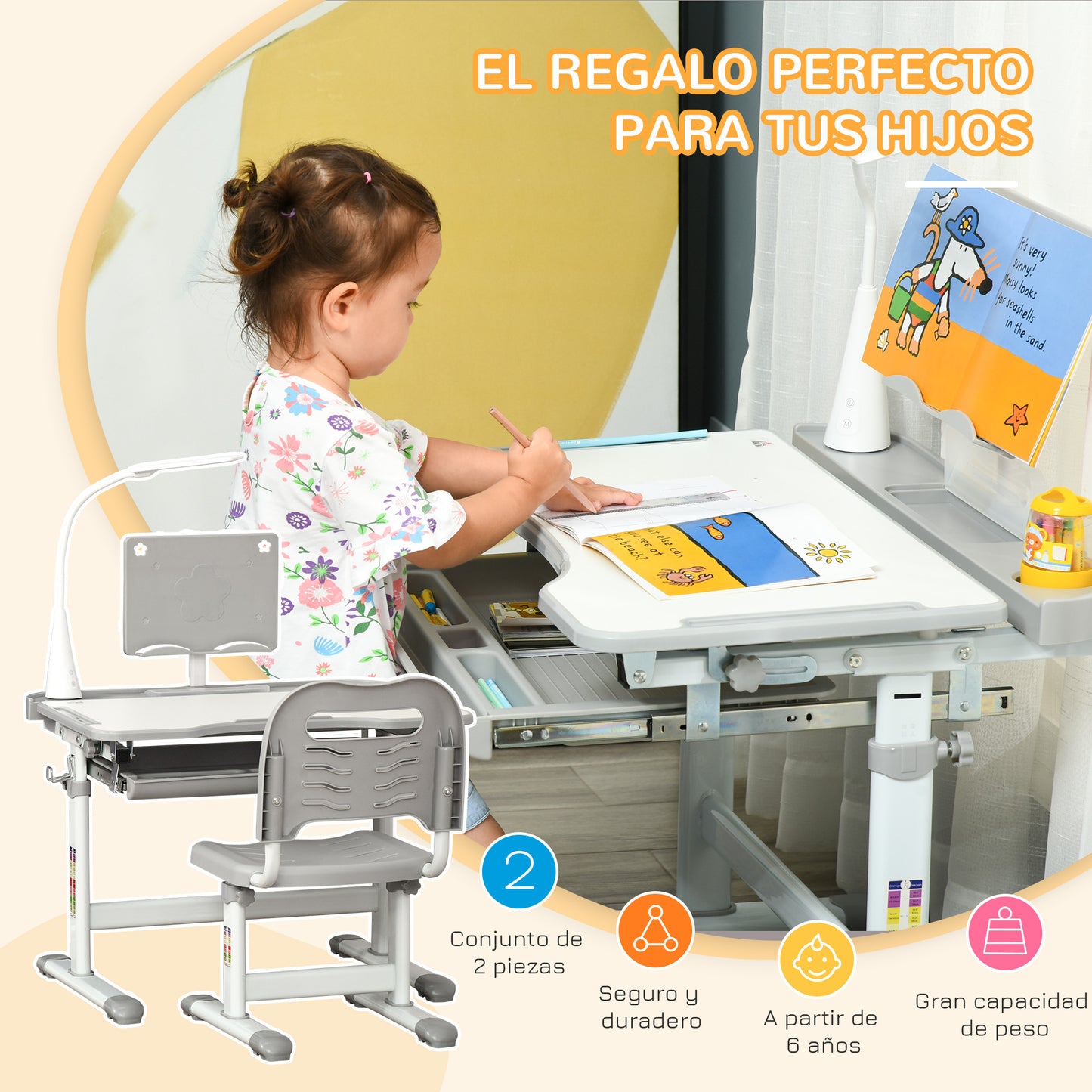 HOMCOM Juego de Escritorio y Silla para Niños de +6 Años Pupitre Infantil Altura Ajustable Escritorio Infantil con Mesa Inclinable Lámpara Cajón y Estante para Libros Gris