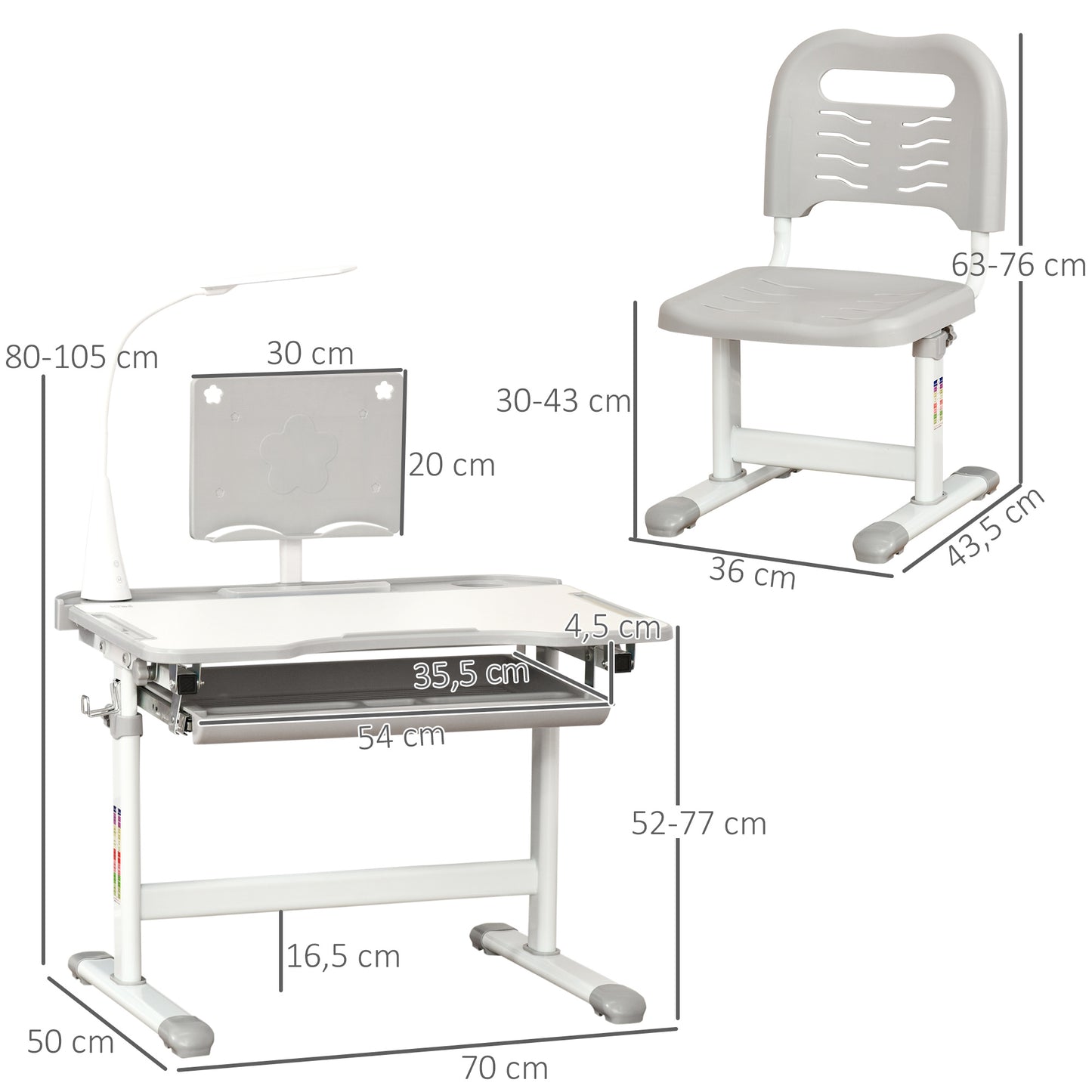 HOMCOM Juego de Escritorio y Silla para Niños de +6 Años Pupitre Infantil Altura Ajustable Escritorio Infantil con Mesa Inclinable Lámpara Cajón y Estante para Libros Gris