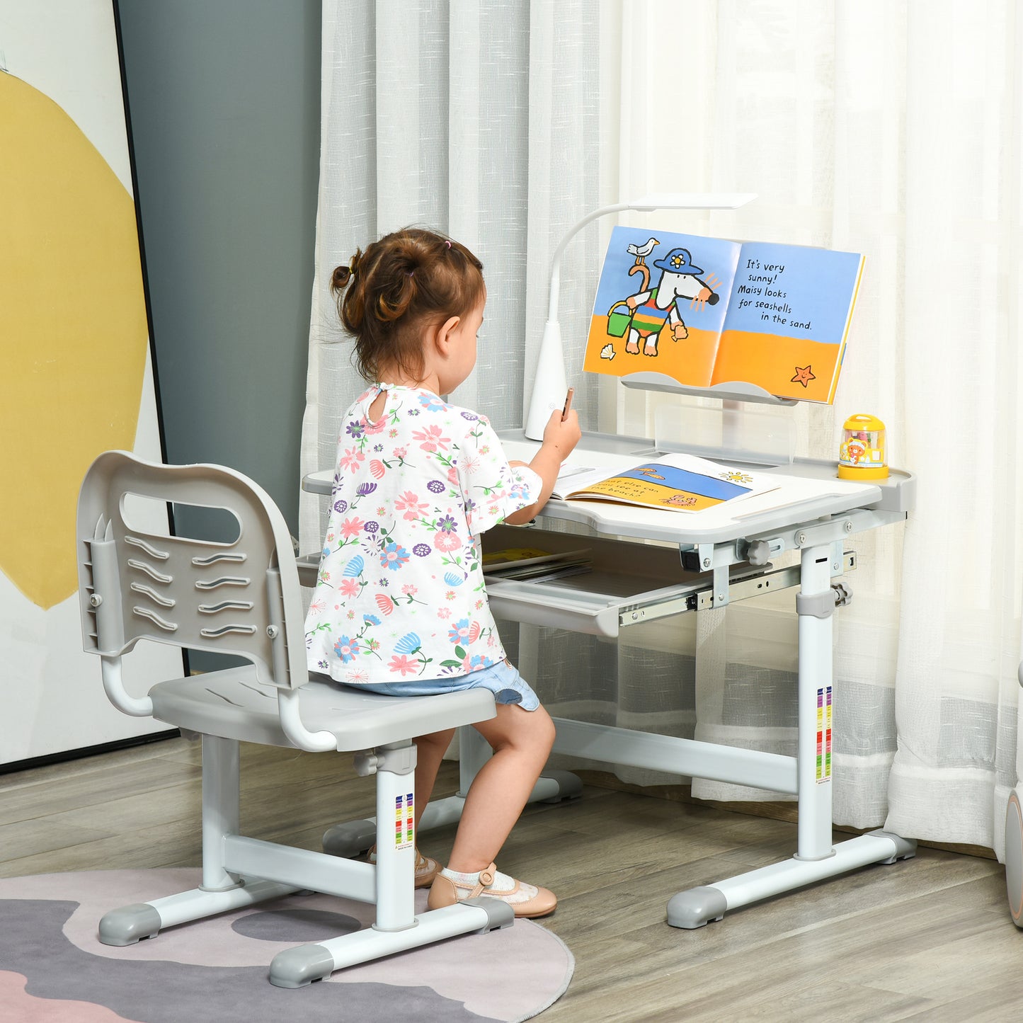 HOMCOM Juego de Escritorio y Silla para Niños de +6 Años Pupitre Infantil Altura Ajustable Escritorio Infantil con Mesa Inclinable Lámpara Cajón y Estante para Libros Gris