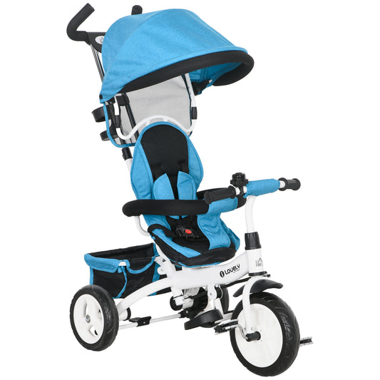 HOMCOM Triciclo para Bebés Triciclo Evolutivo para Niños con Toldo Plegable Mango de Empuje Telescópico y Desmontable Cinturón de Seguridad y Cesto 95x50x106 cm Azul