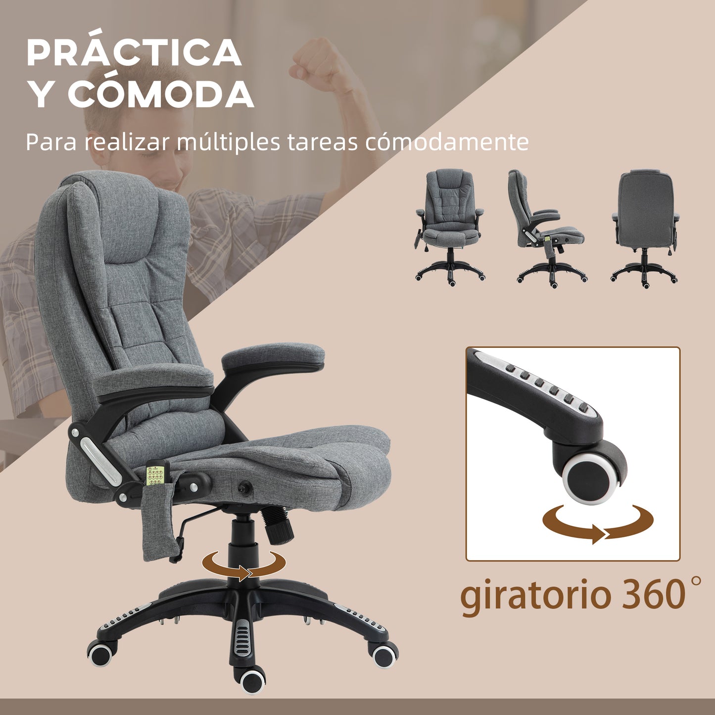 Vinsetto Silla de Masaje con 6 Puntos de Masaje Silla de Escritorio Reclinable hasta 130° con Función de Calefacción Altura Ajustable y Ruedas para Estudio 68x72x110-120 cm Gris