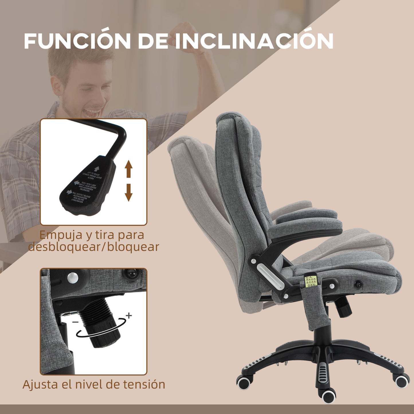 Vinsetto Silla de Masaje con 6 Puntos de Masaje Silla de Escritorio Reclinable hasta 130° con Función de Calefacción Altura Ajustable y Ruedas para Estudio 68x72x110-120 cm Gris