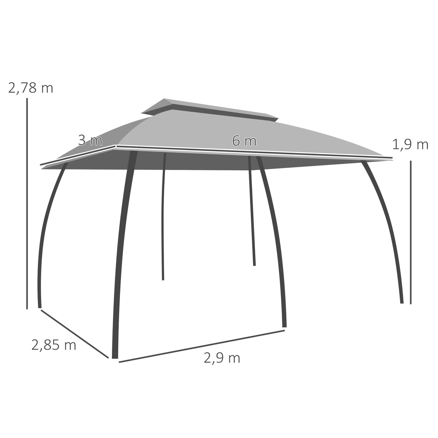 Outsunny Cenador de Jardín 3x6 m Gazebo Exterior con Doble Techo y 6 Mosquiteras con Cremallera y Marco de Metal para Fiestas Eventos Patio Gris Oscuro