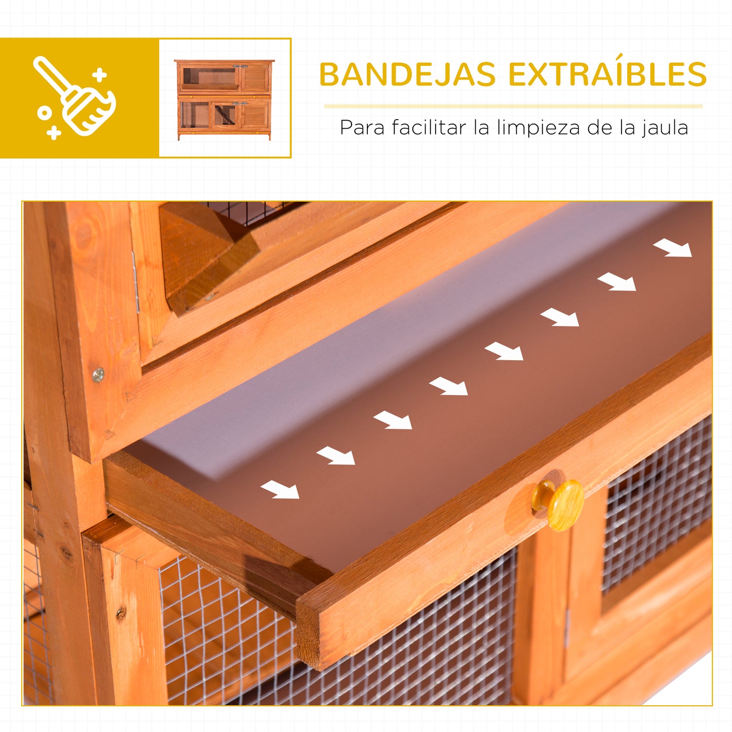 PawHut Conejera de Madera Exterior de 2 Niveles Jaula para Conejos con Techo de Asfalto Abrible Rampa Puertas y 2 Bandejas Extraíbles 120x48x100 cm Madera Natural