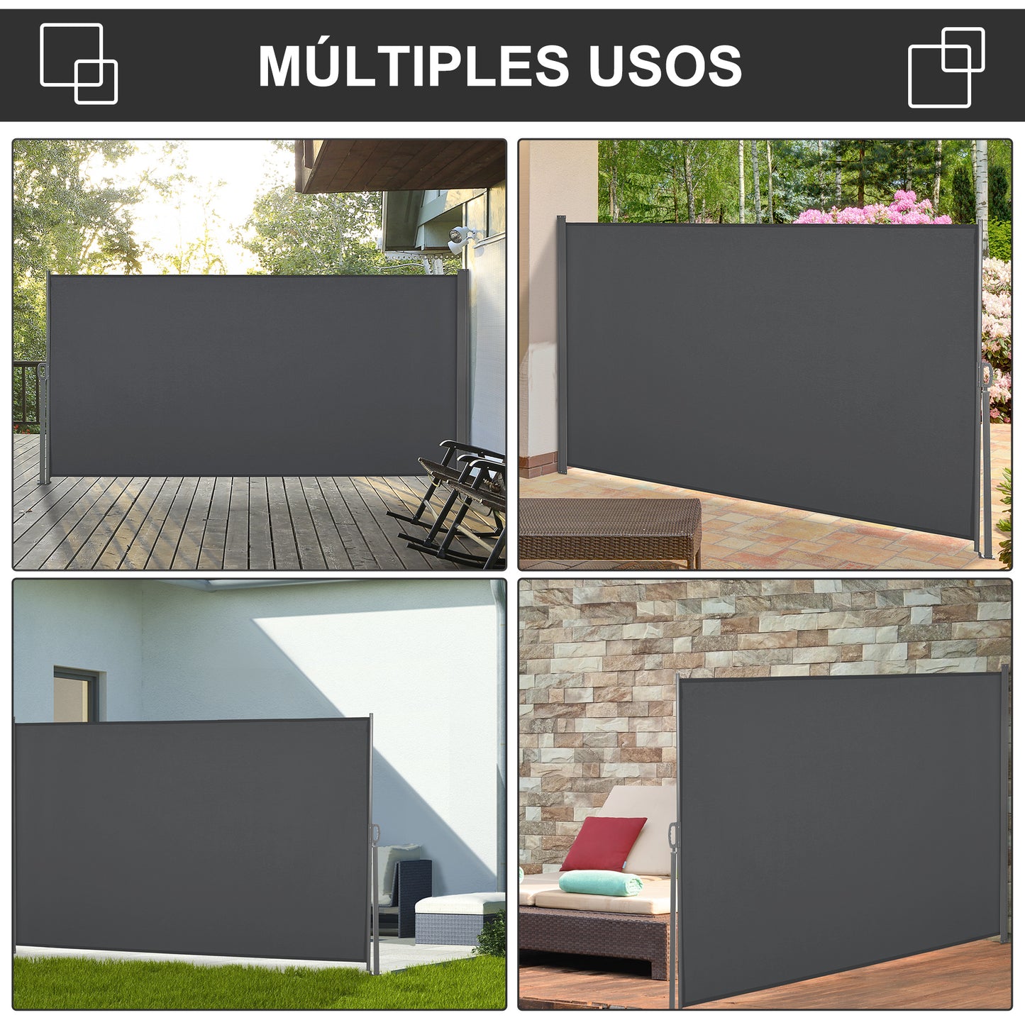 Outsunny Toldo Lateral Retráctil 300x160 cm Pantalla Enrollable Mampara de Privacidad Impermeable y Anti-UV Protege la Privacidad para Jardín Balcón Terraza Gris